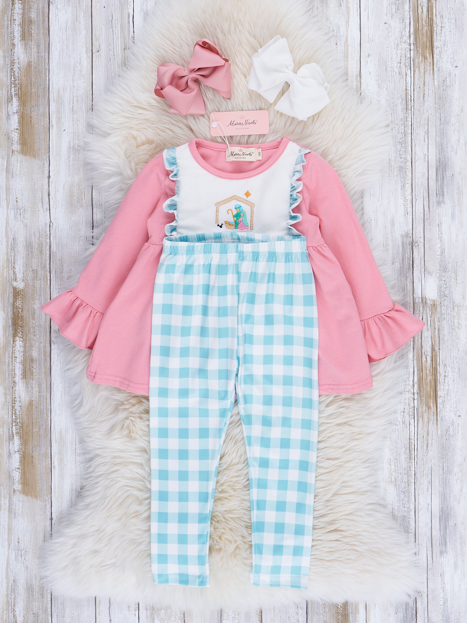 Gingham Embroidered Nativity Ruffle Outfit - Marie Nicole Clothing