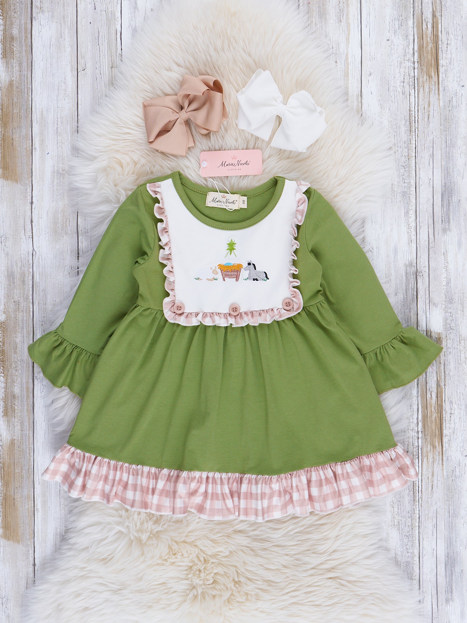 Gingham Embroidered Nativity Ruffle Dress - Marie Nicole Clothing