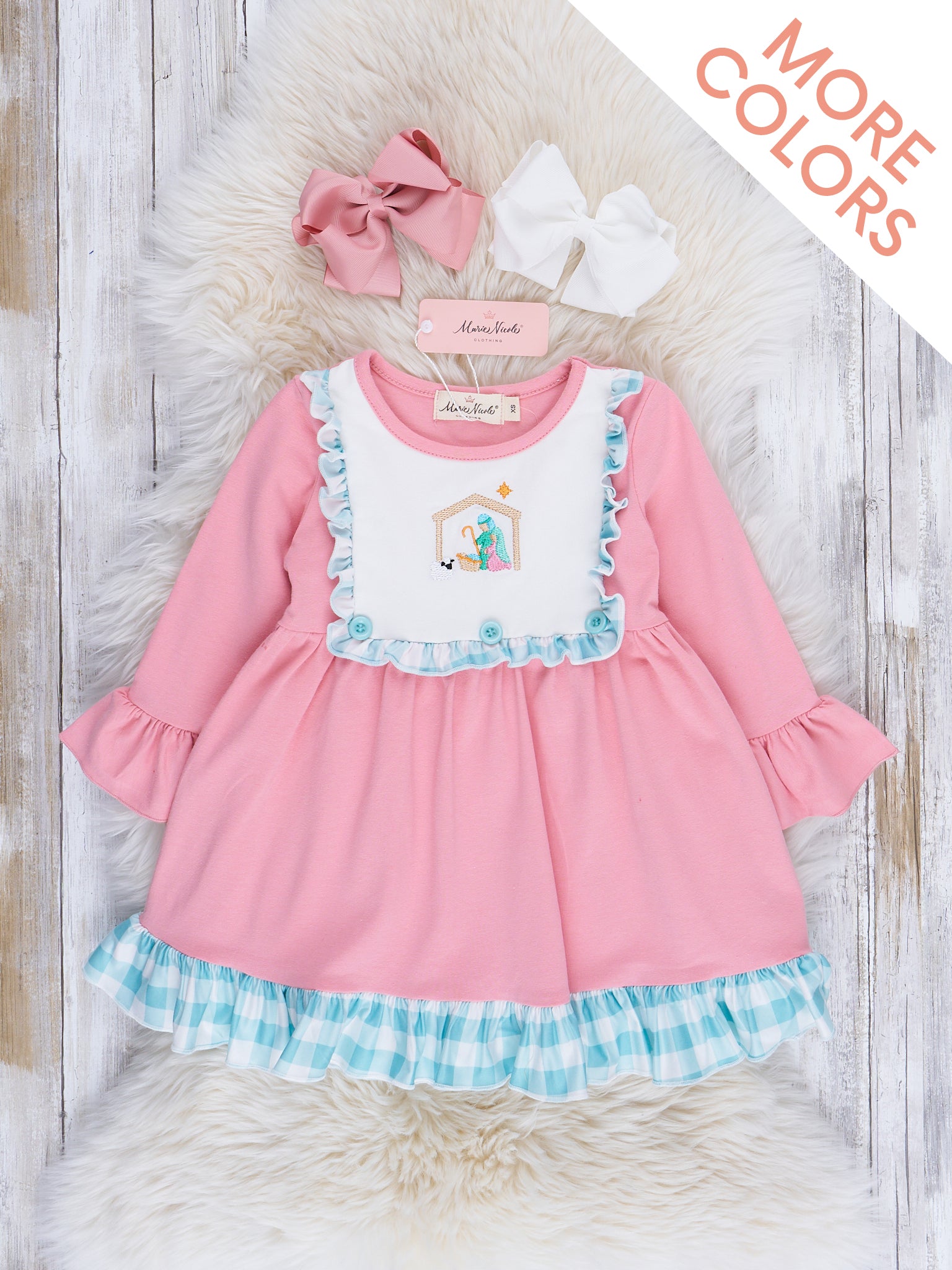 Gingham Embroidered Nativity Ruffle Dress - Marie Nicole Clothing