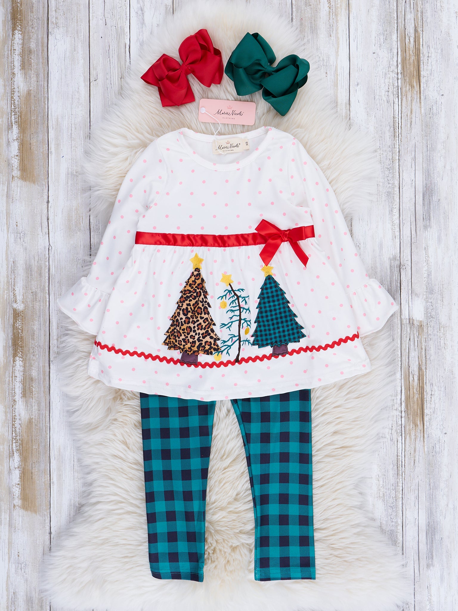 Pink Dots & Hunter Green Christmas Trees Outfit - Marie Nicole Clothing