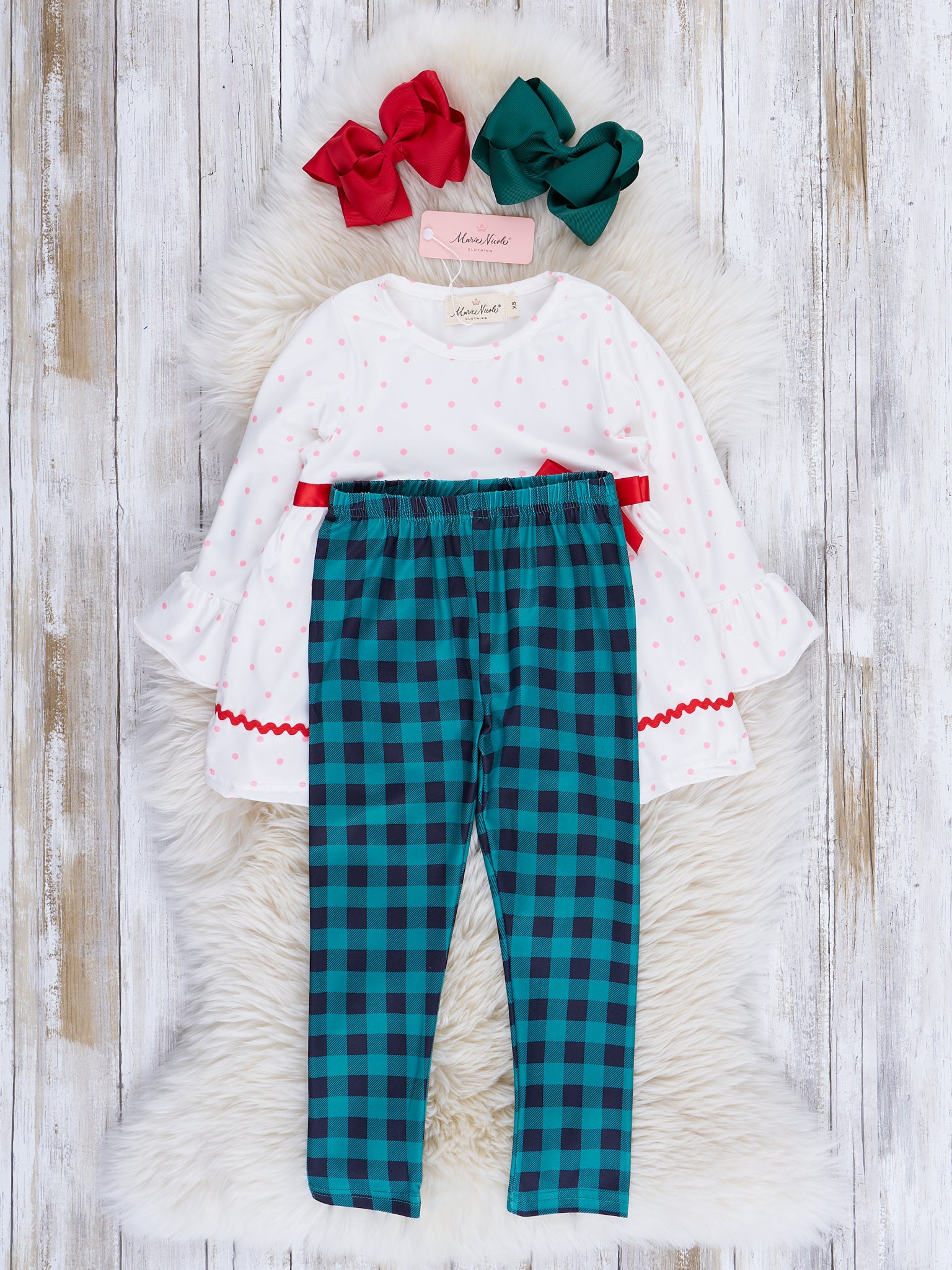 Pink Dots & Hunter Green Christmas Trees Outfit - Marie Nicole Clothing