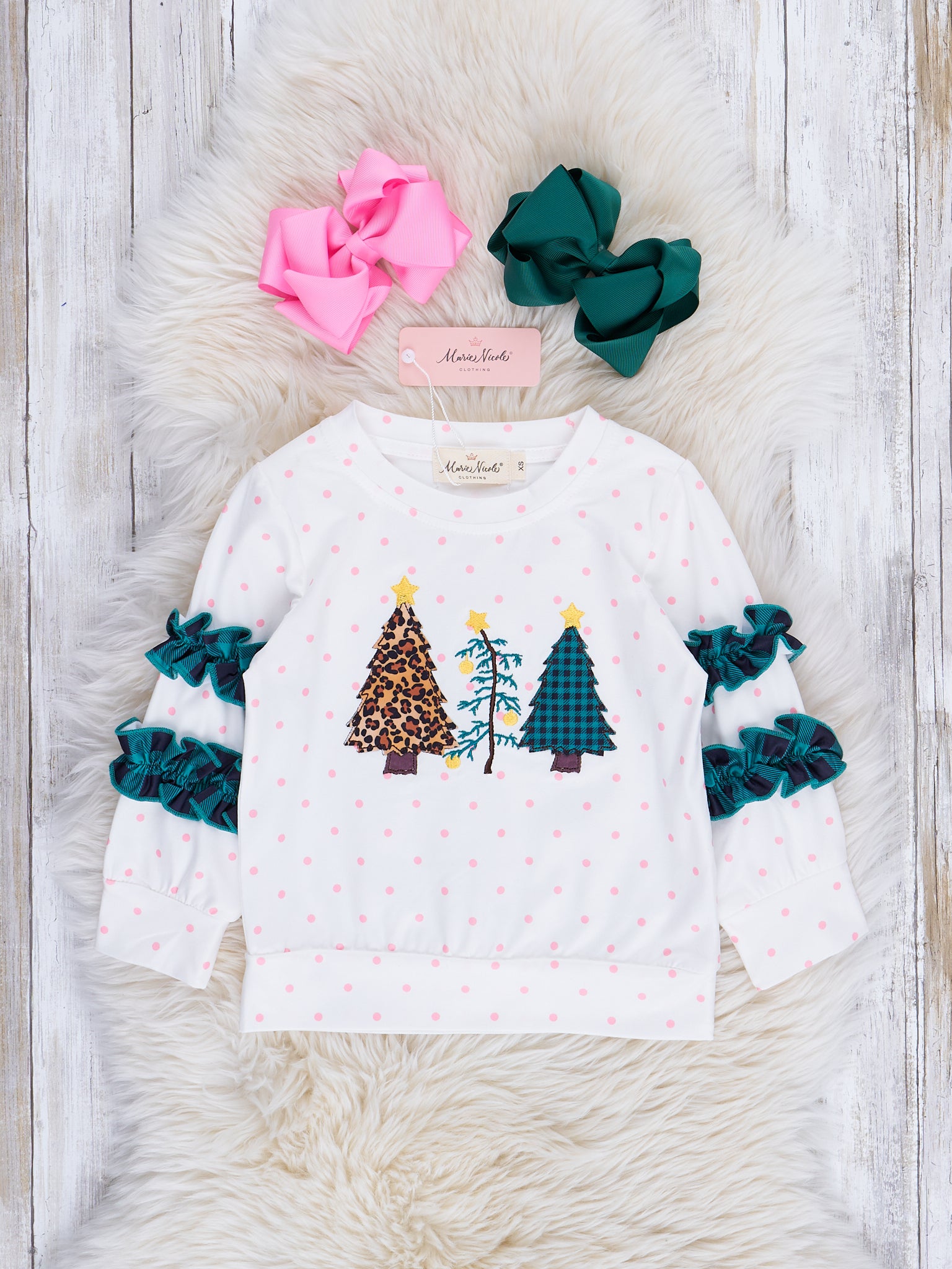 Pink Dots & Hunter Green Christmas Trees Shirt - Marie Nicole Clothing