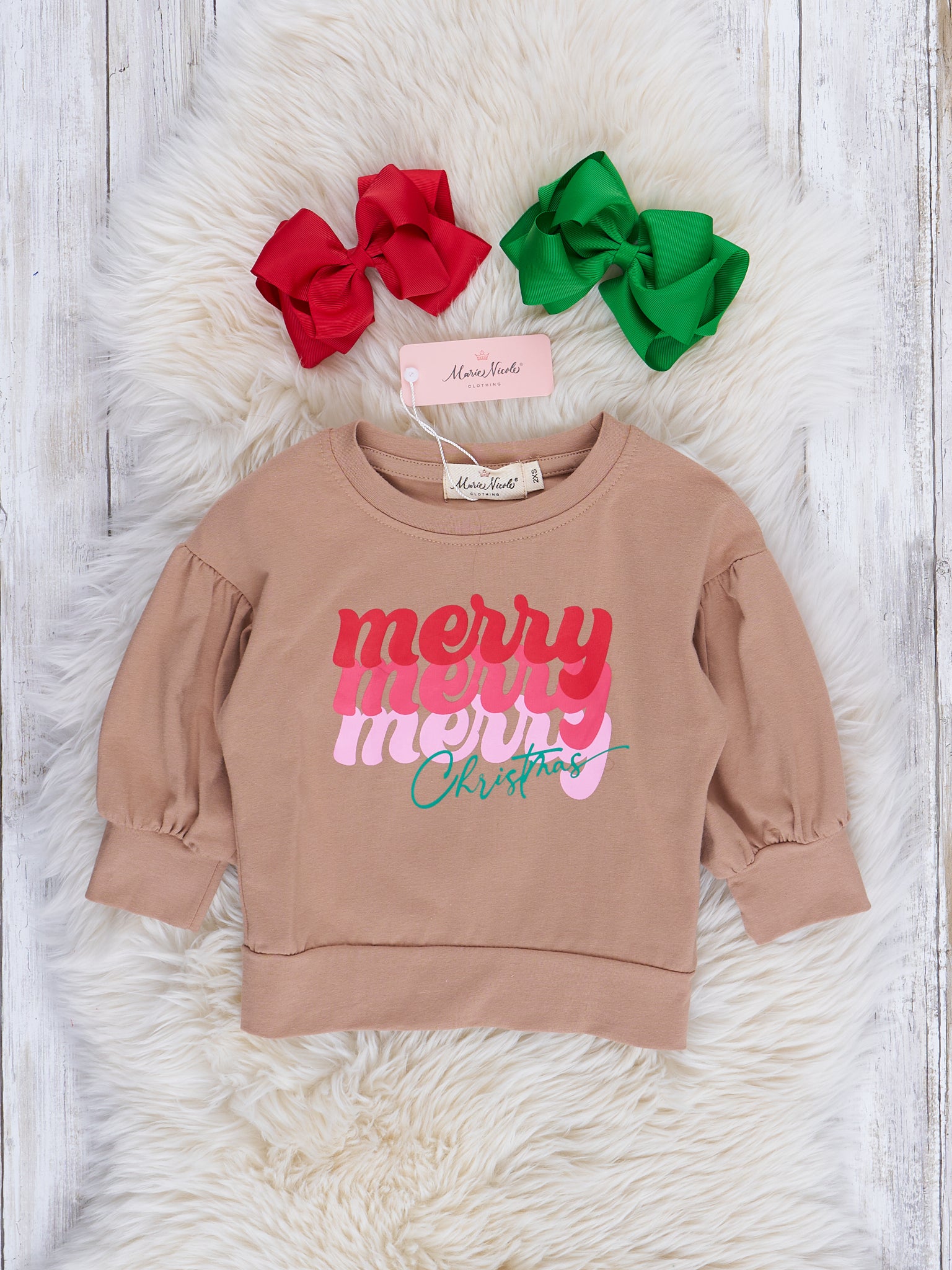 Beige "Merry Christmas" Puff Sleeve Shirt - Marie Nicole Clothing