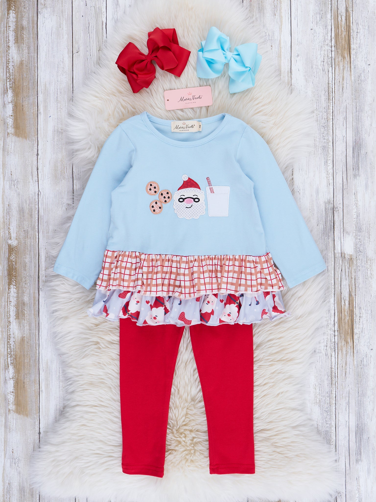 Light Blue & Red Santa Snacks Ruffle Outfit - Marie Nicole Clothing