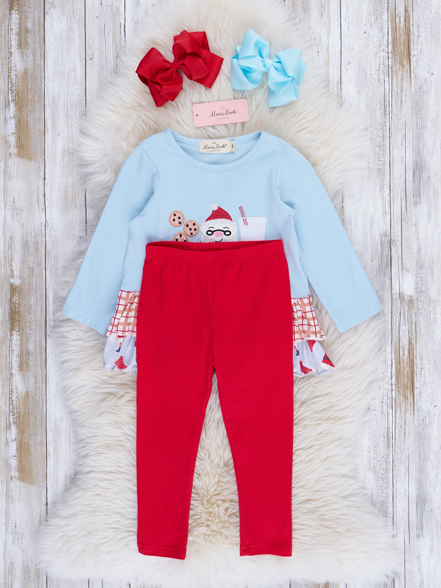 Light Blue & Red Santa Snacks Ruffle Outfit - Marie Nicole Clothing