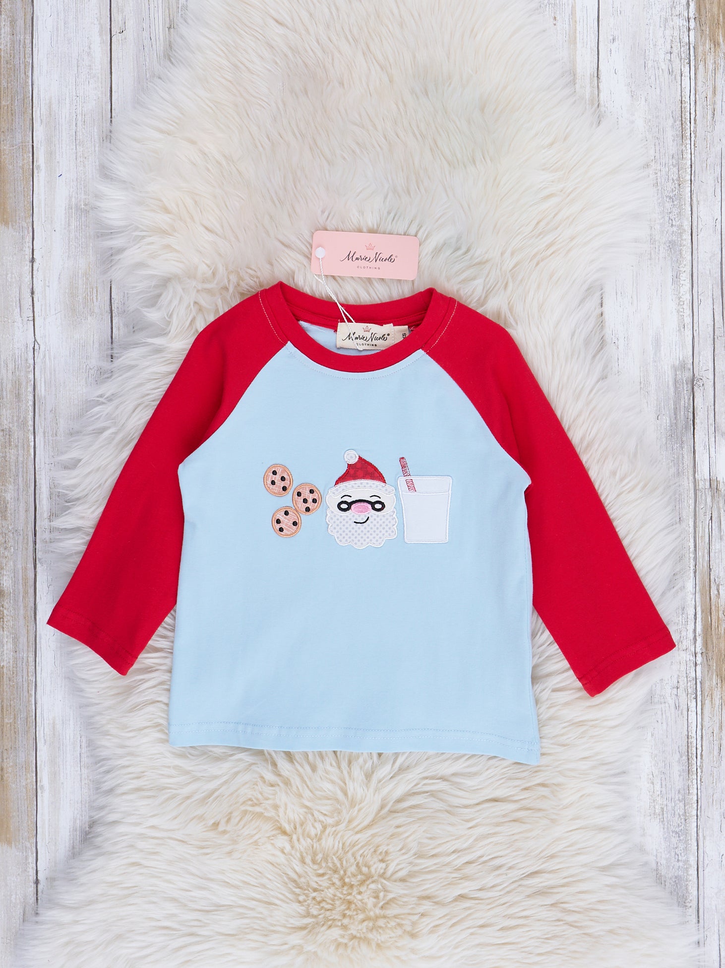 Light Blue & Red Santa Snacks Raglan Shirt - Marie Nicole Clothing