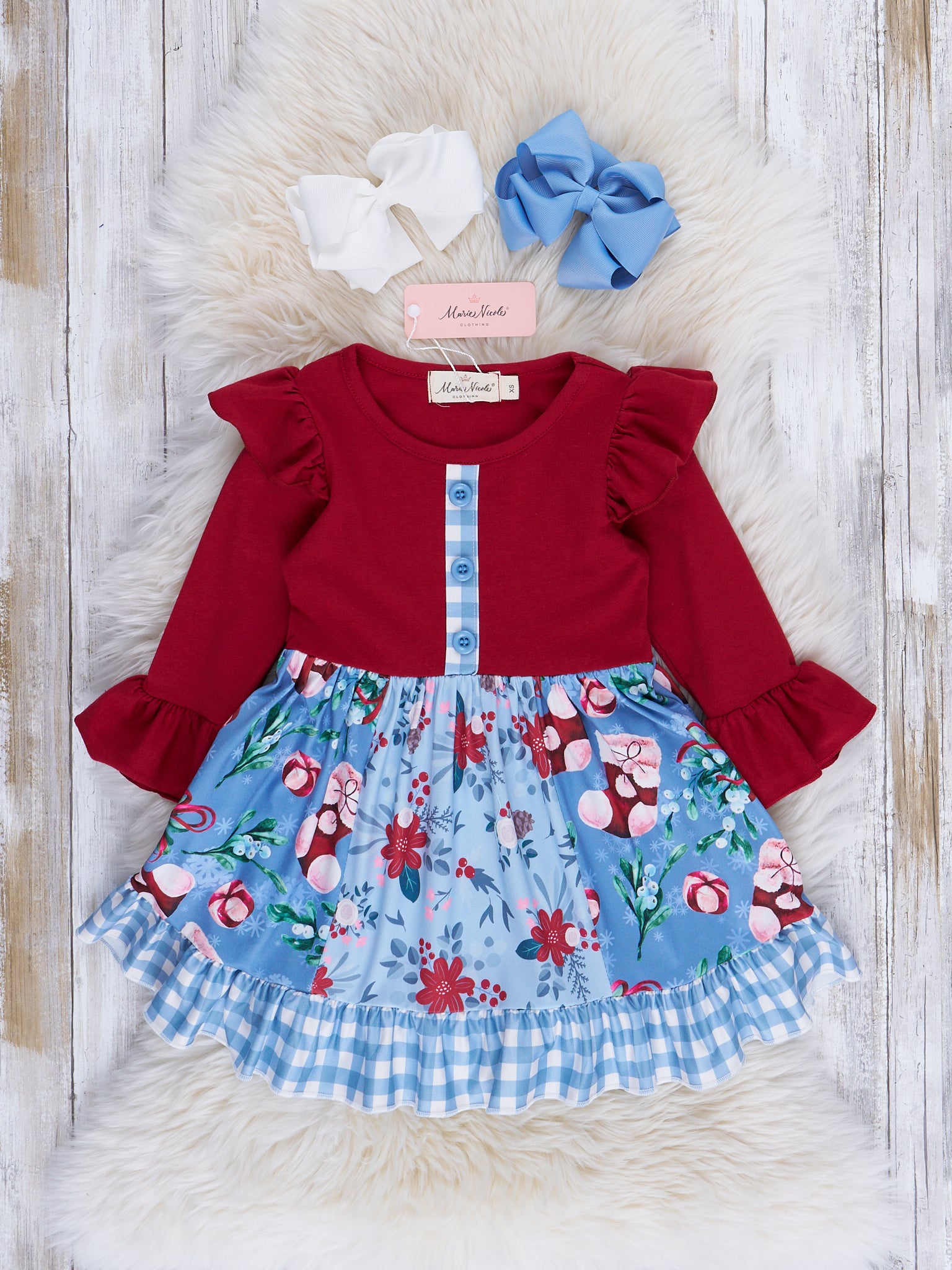 Crimson & Light Blue Mixed Print Ruffle Dress - Marie Nicole Clothing