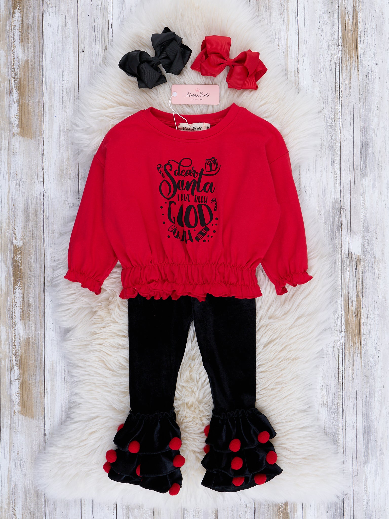 Red & Black Santa Pom Pom Ruffles Outfit - Marie Nicole Clothing
