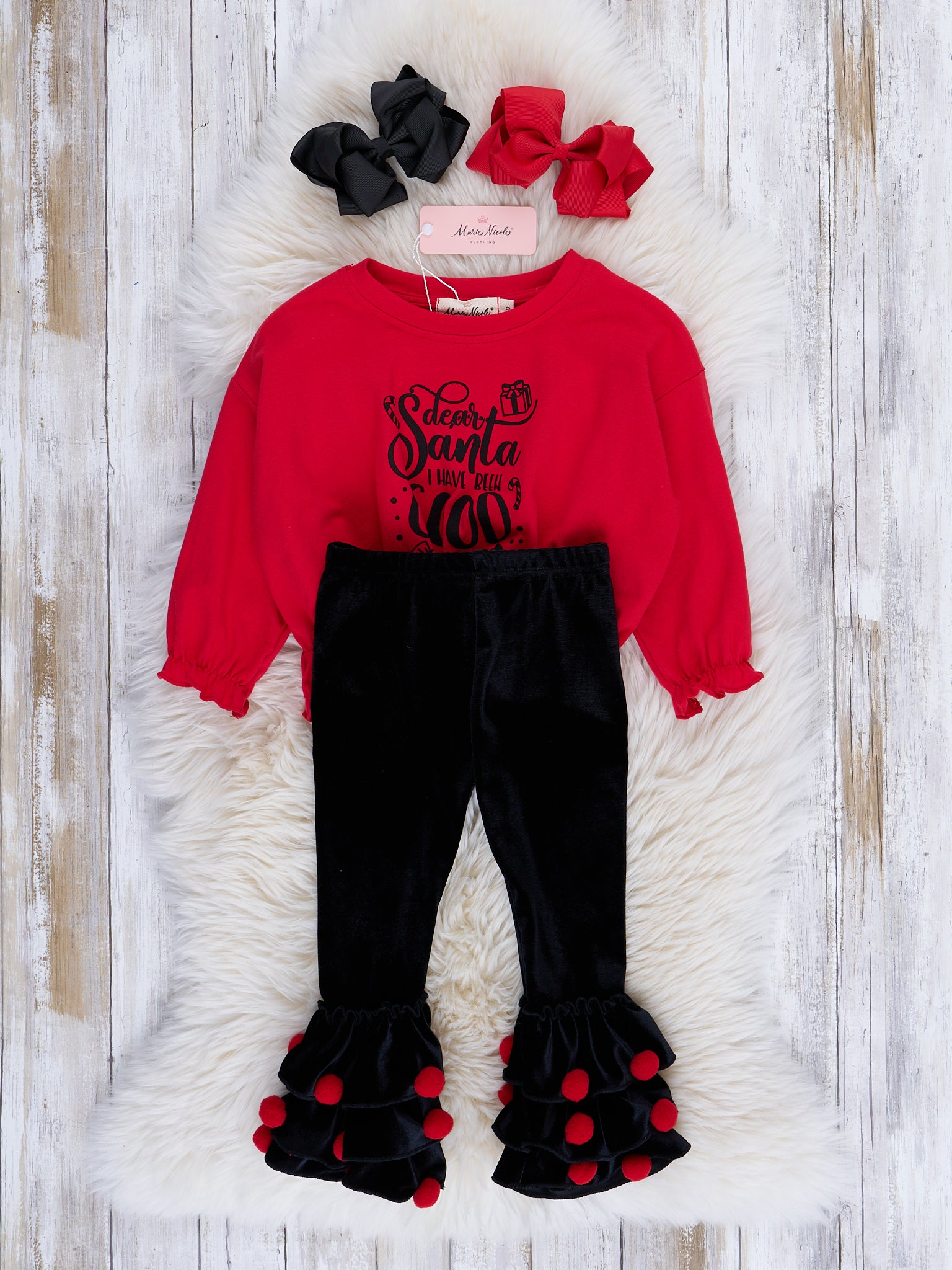 Red & Black Santa Pom Pom Ruffles Outfit - Marie Nicole Clothing