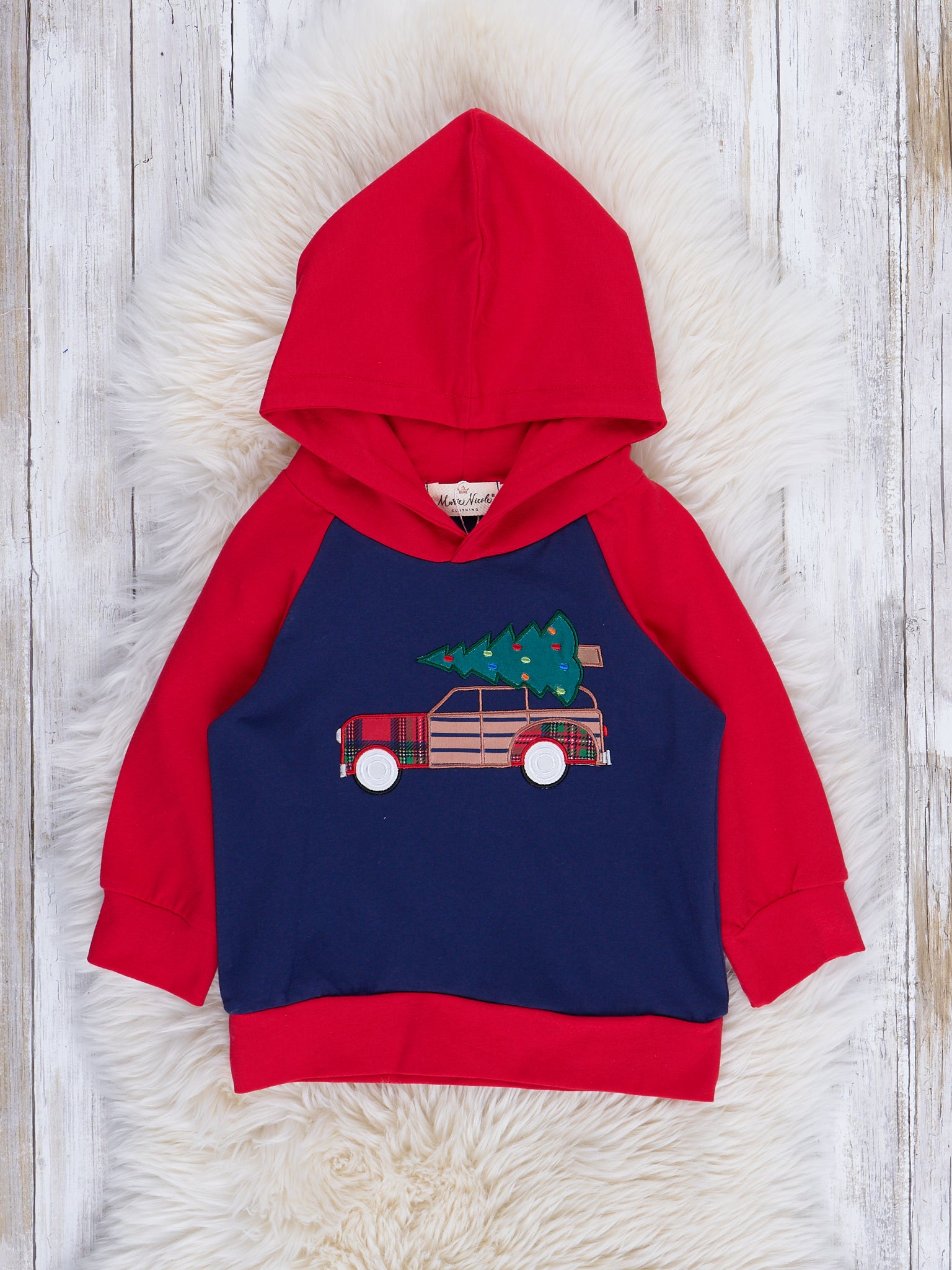 Red Embroidered Tree & Car Raglan Hoodie - Marie Nicole Clothing