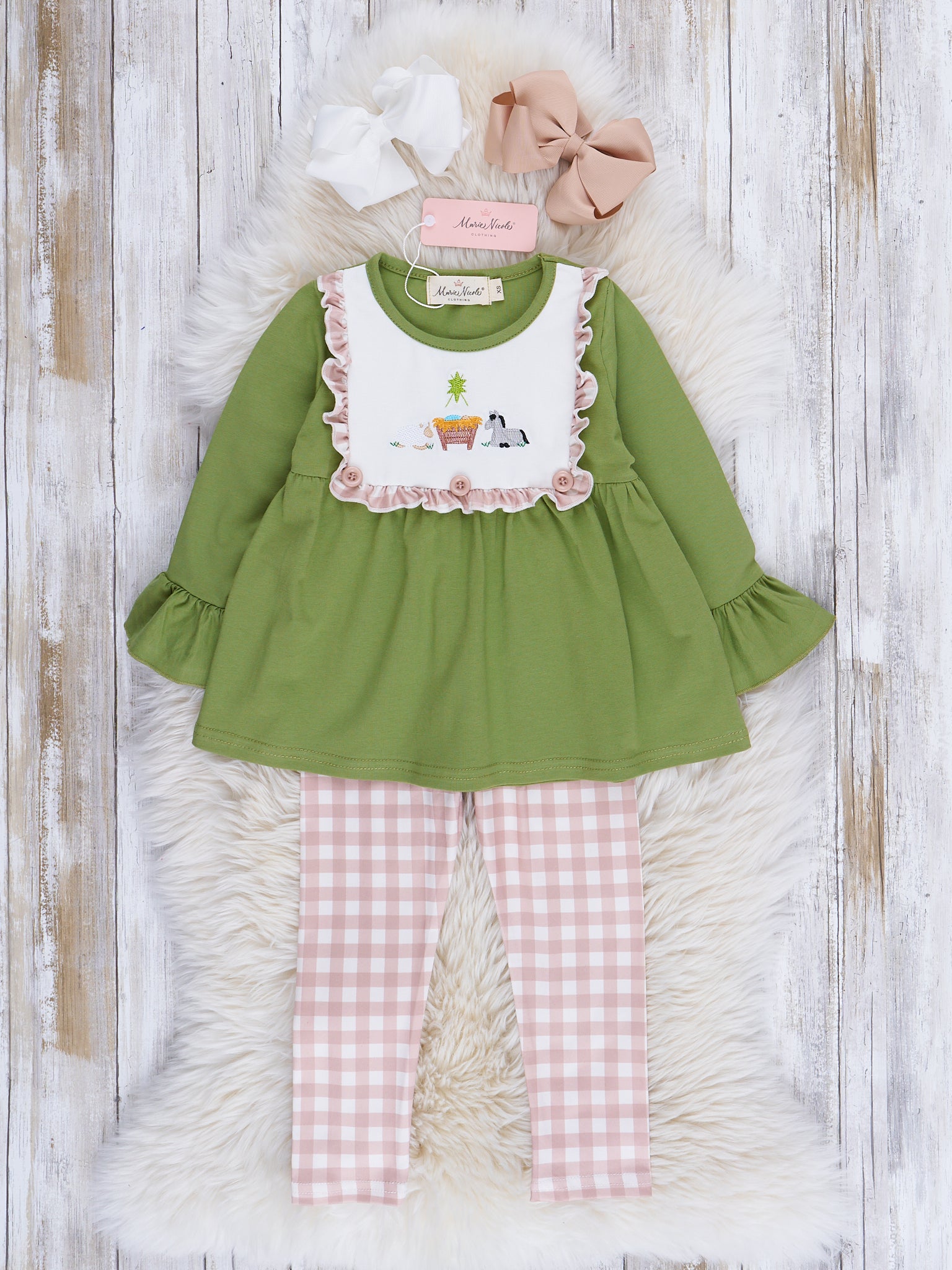 Gingham Embroidered Nativity Ruffle Outfit - Marie Nicole Clothing