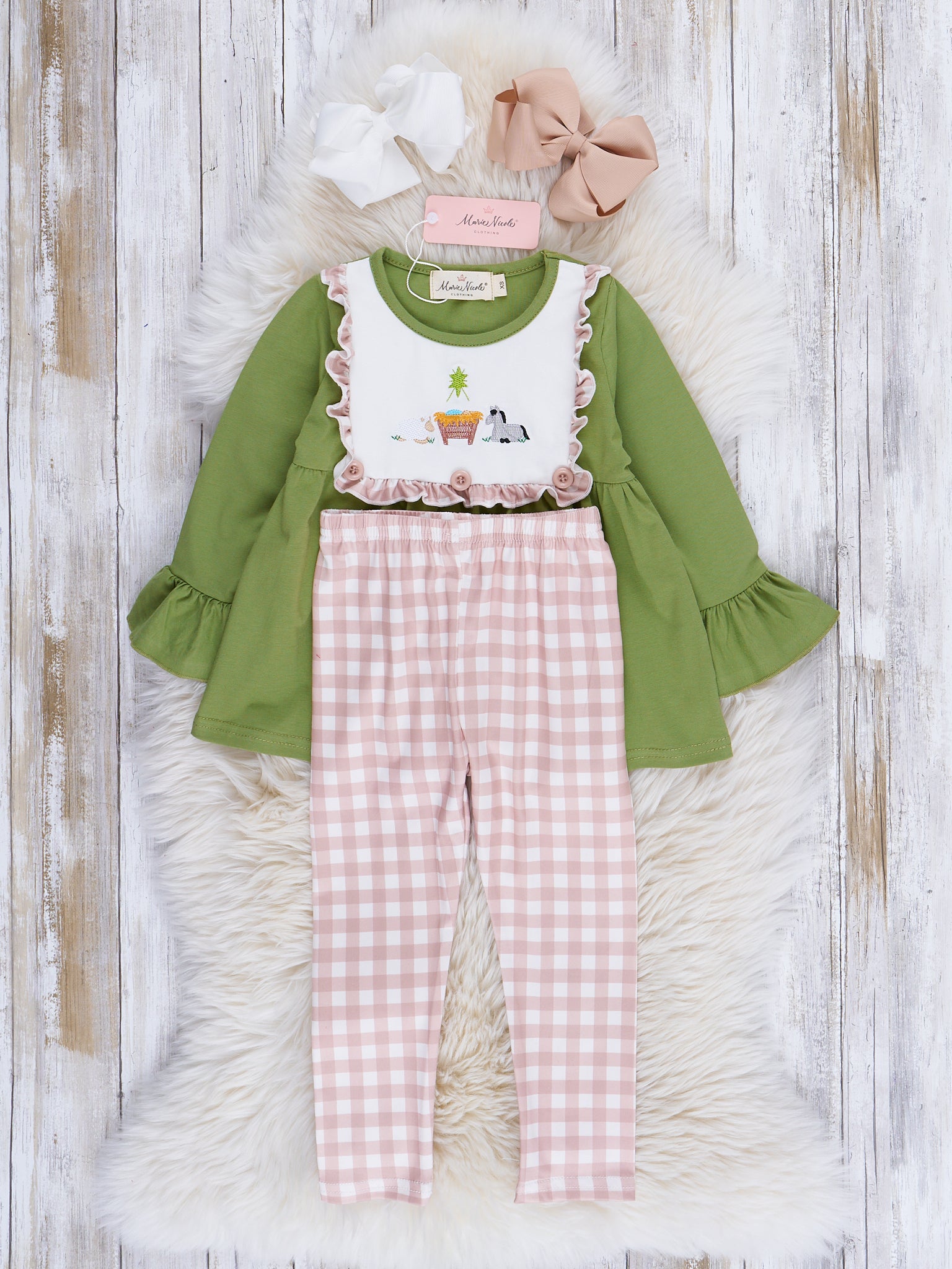 Gingham Embroidered Nativity Ruffle Outfit - Marie Nicole Clothing