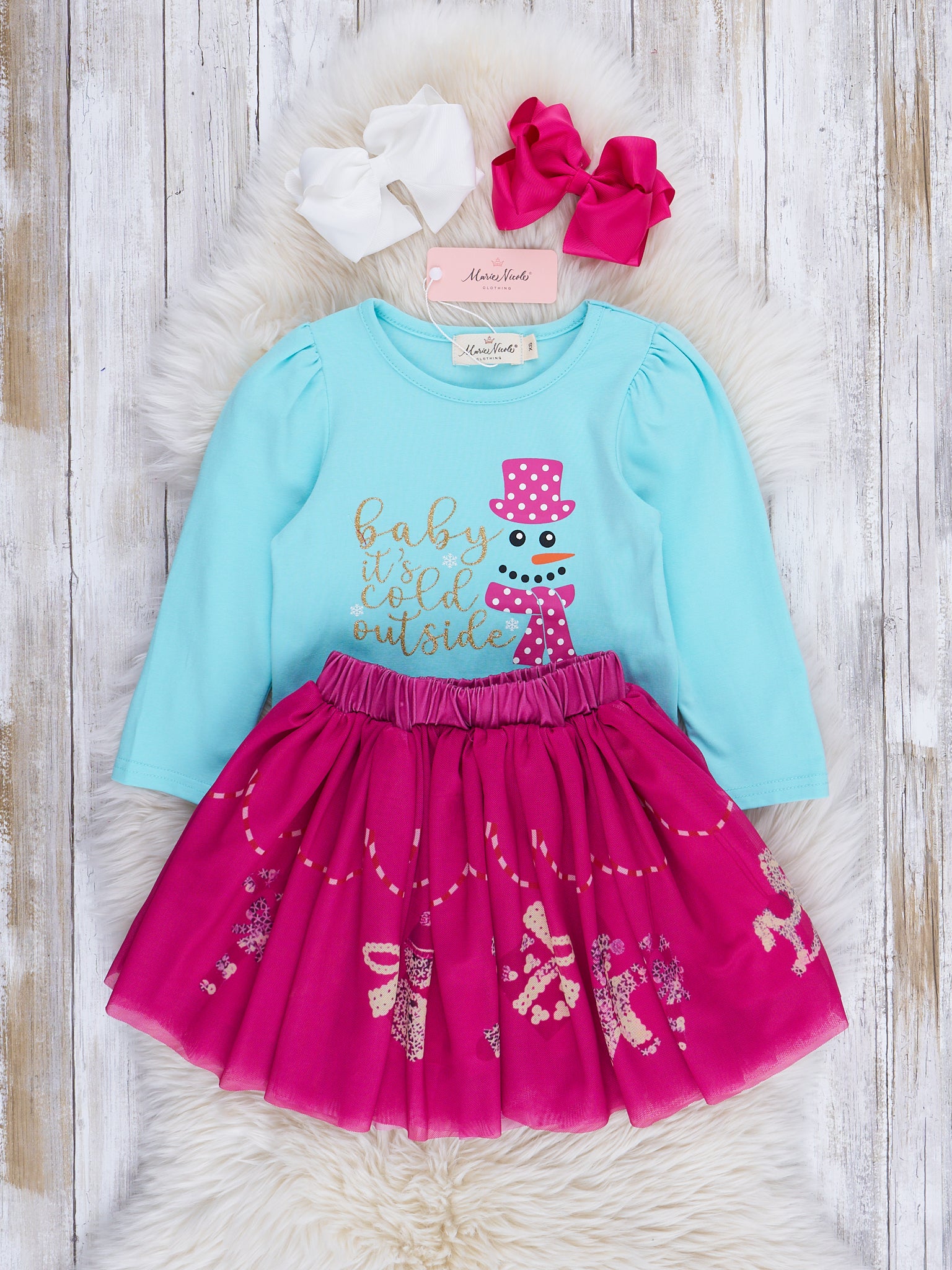Aqua & Magenta Snowman Outfit w/ Skirt - Marie Nicole Clothing