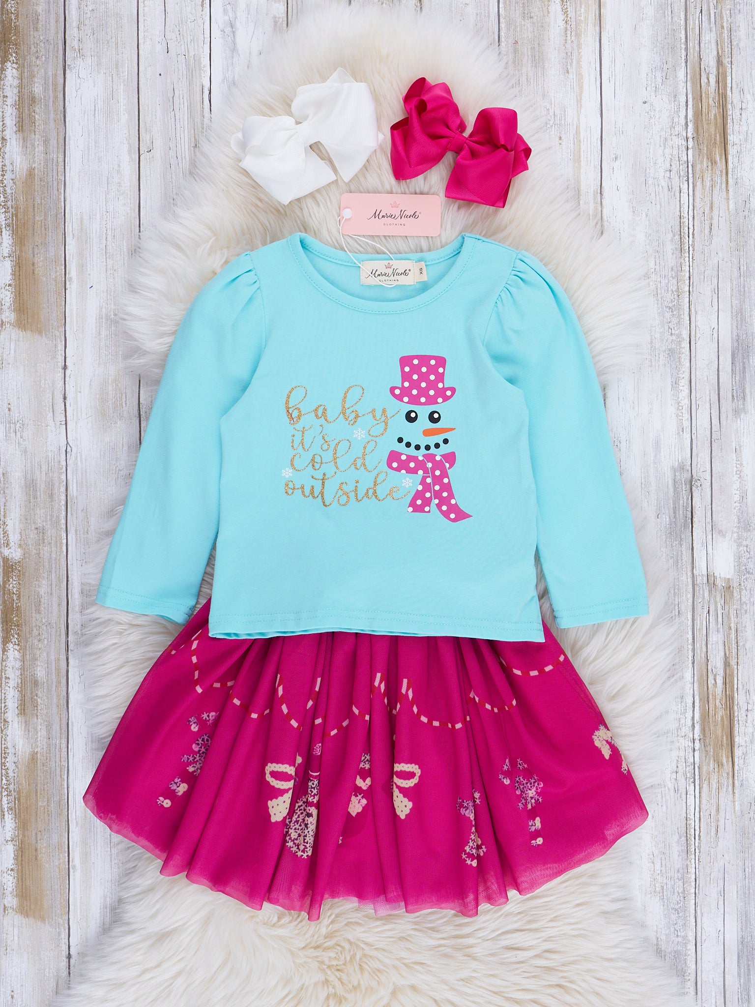 Aqua & Magenta Snowman Outfit w/ Skirt - Marie Nicole Clothing