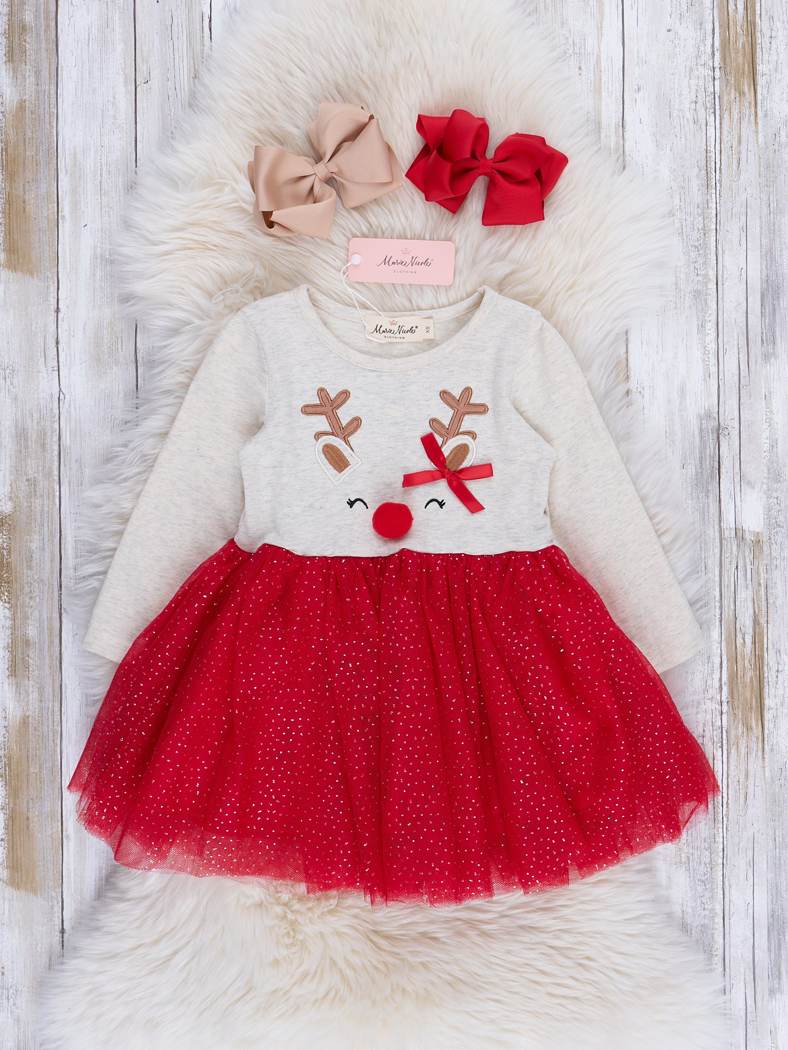 Red & Heathered Oatmeal Reindeer Sparkle Tulle Dress - Marie Nicole Clothing
