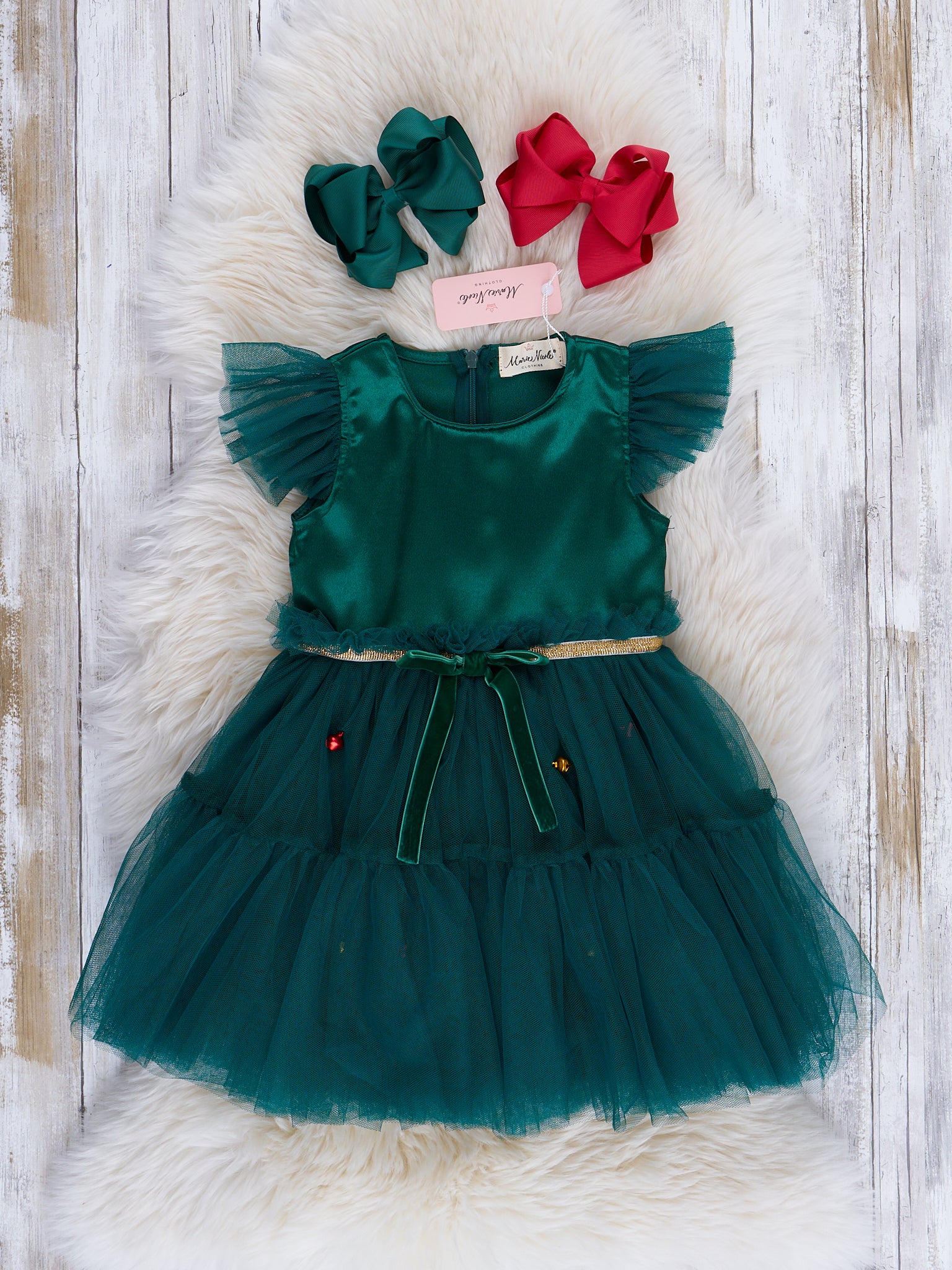 Emerald Flutter Sleeve Tulle Dress - Marie Nicole Clothing