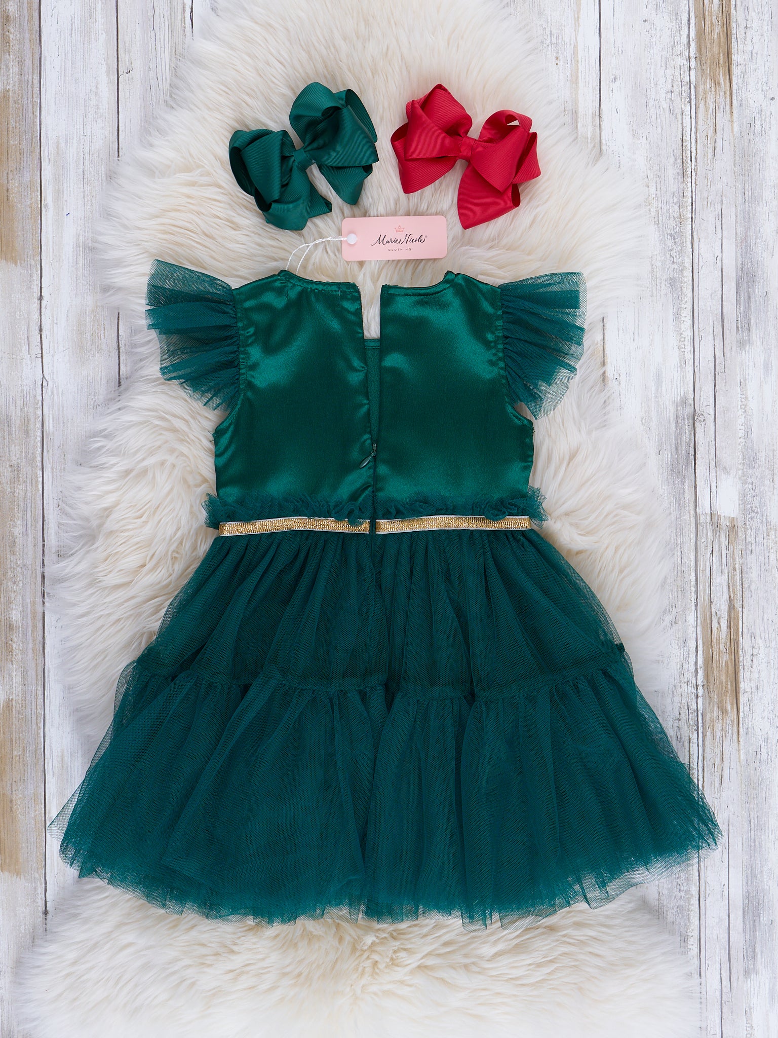 Emerald Flutter Sleeve Tulle Dress - Marie Nicole Clothing