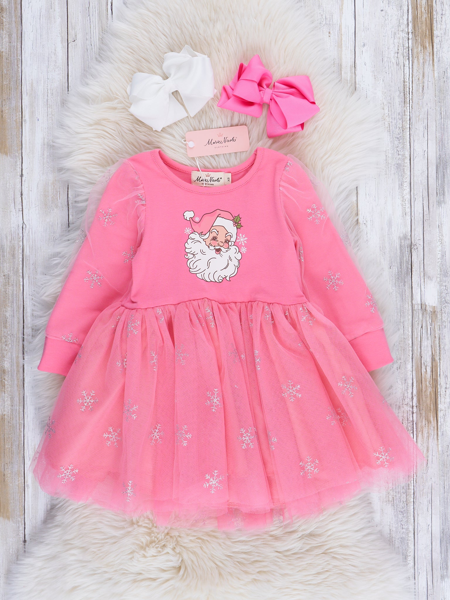 Pink & Silver Sparkle Santa Tulle Dress - Marie Nicole Clothing