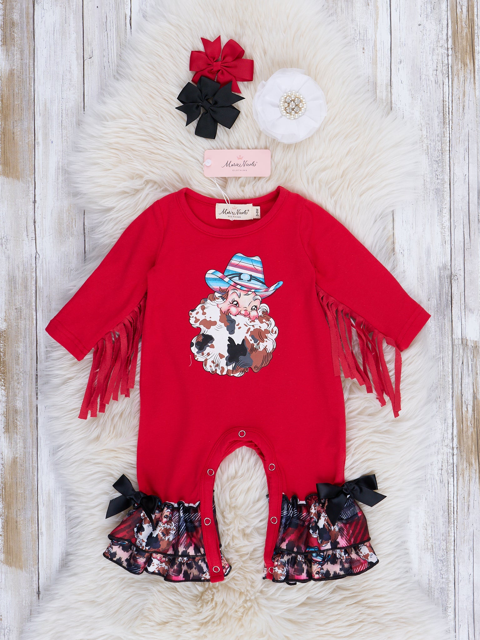 Red Cowboy Santa Fringe Romper - Marie Nicole Clothing