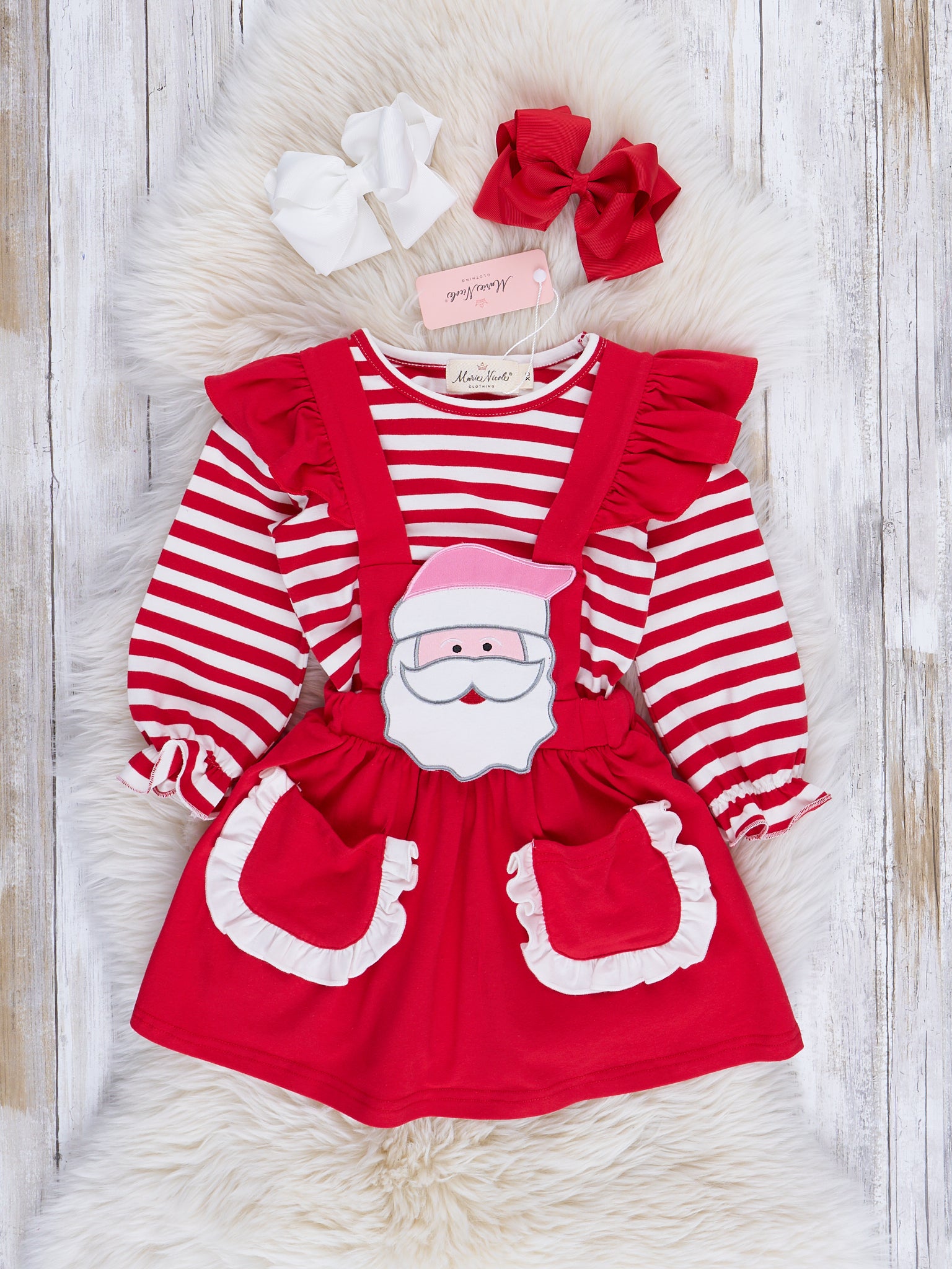 Red & White Striped Santa Overalls Set - Marie Nicole Clothing