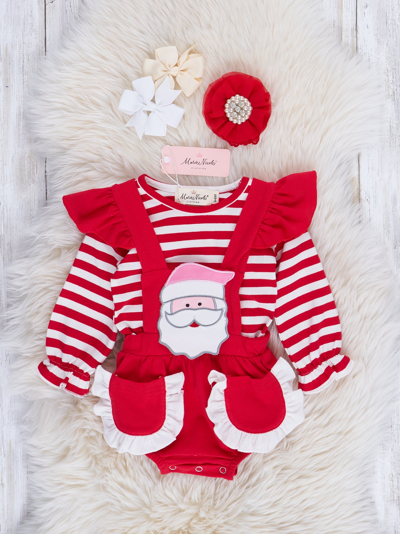 Red & White Striped Santa Overalls Bubble - Marie Nicole Clothing