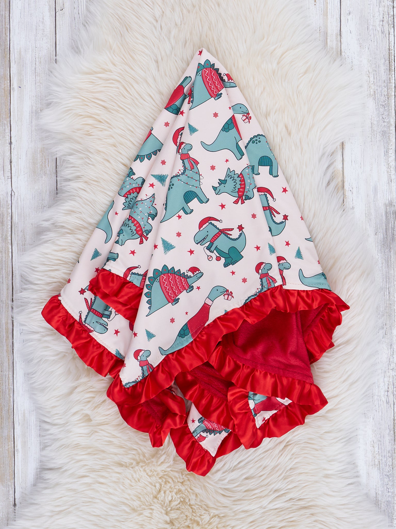 Dinosaur Dreams Christmas Ruffle Minky Blanket - Marie Nicole Clothing
