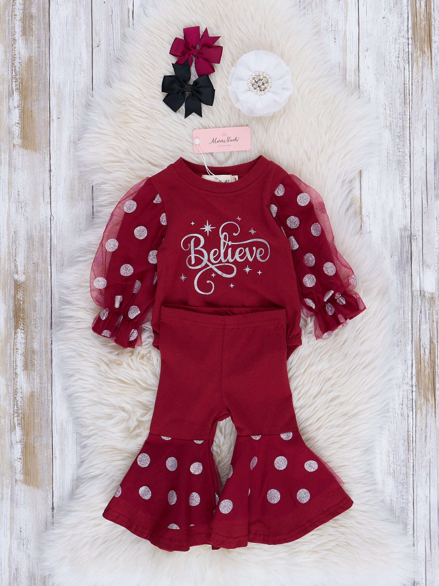 Maroon "Believe" Polka Dot Romper w/ Pants - Marie Nicole Clothing