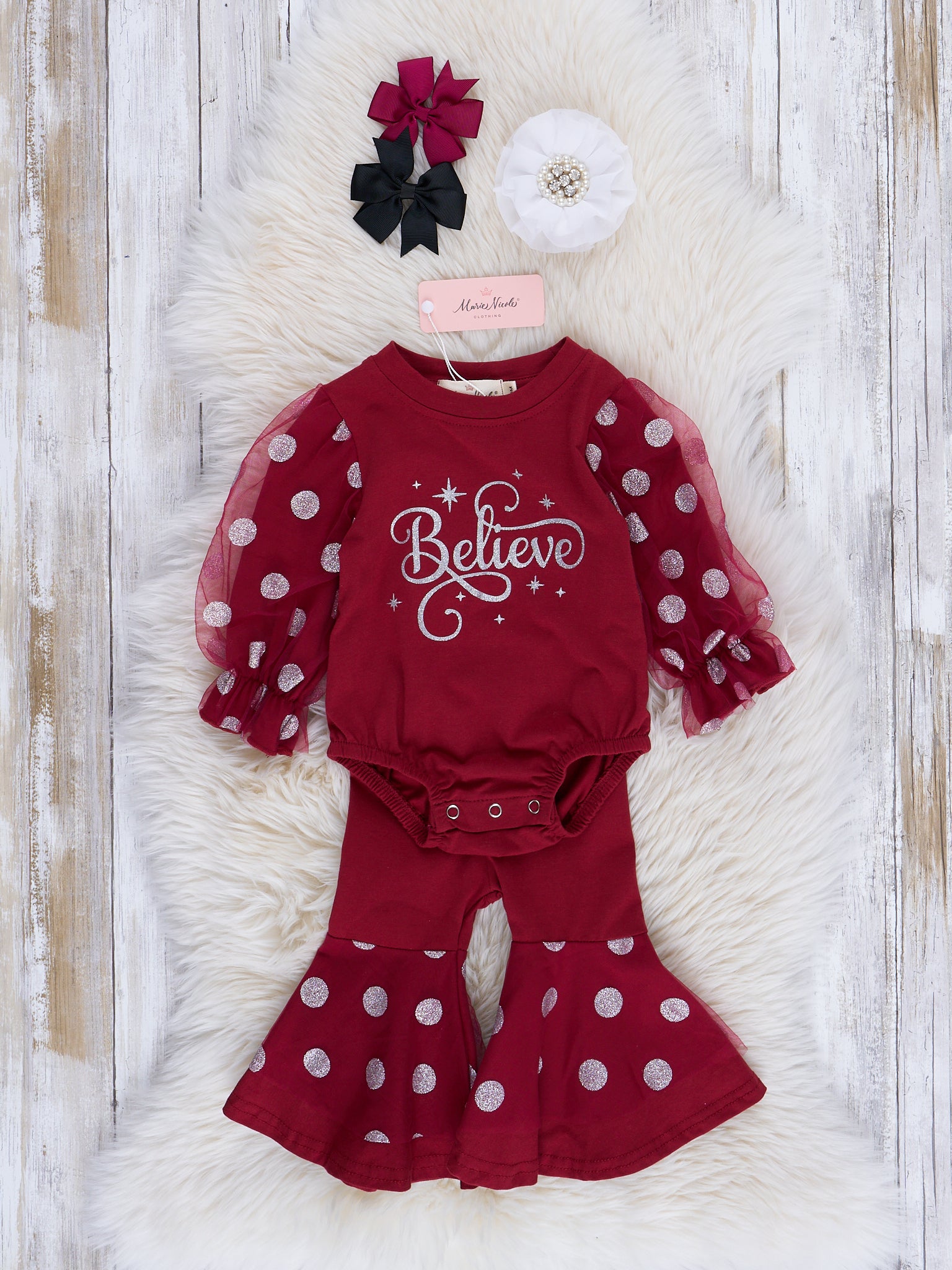 Maroon "Believe" Polka Dot Romper w/ Pants - Marie Nicole Clothing