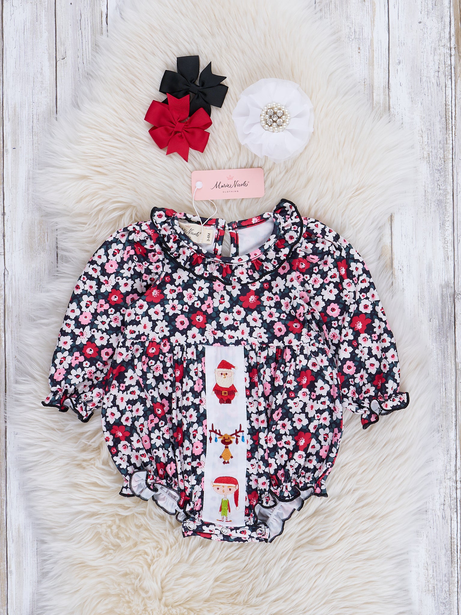 Pink & Black Daisies Santa Ruffle Bubble Romper - Marie Nicole Clothing