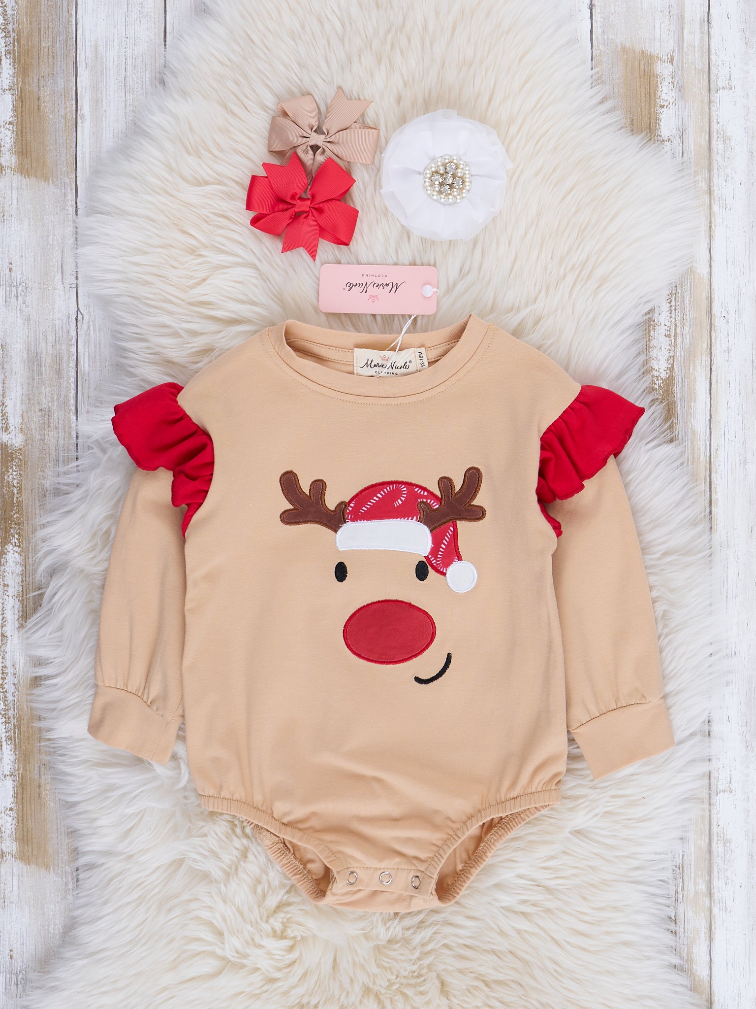 Tan & Red Friendly Reindeer Ruffle Romper - Marie Nicole Clothing