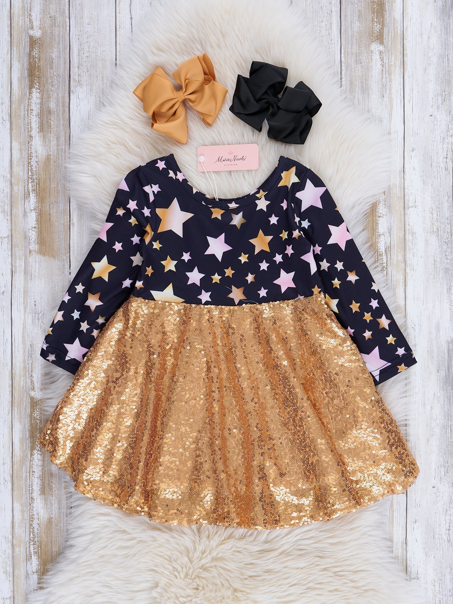 Black & Gold Starry Sequin Dress - Marie Nicole Clothing