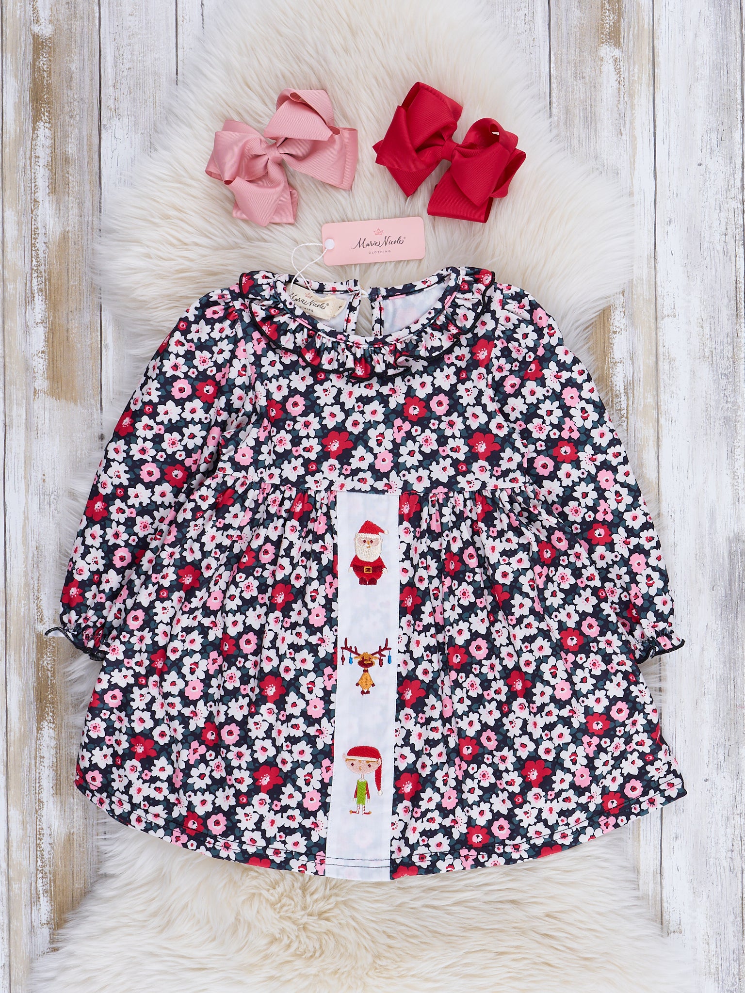 Pink & Black Daisies Santa Ruffle Dress - Marie Nicole Clothing
