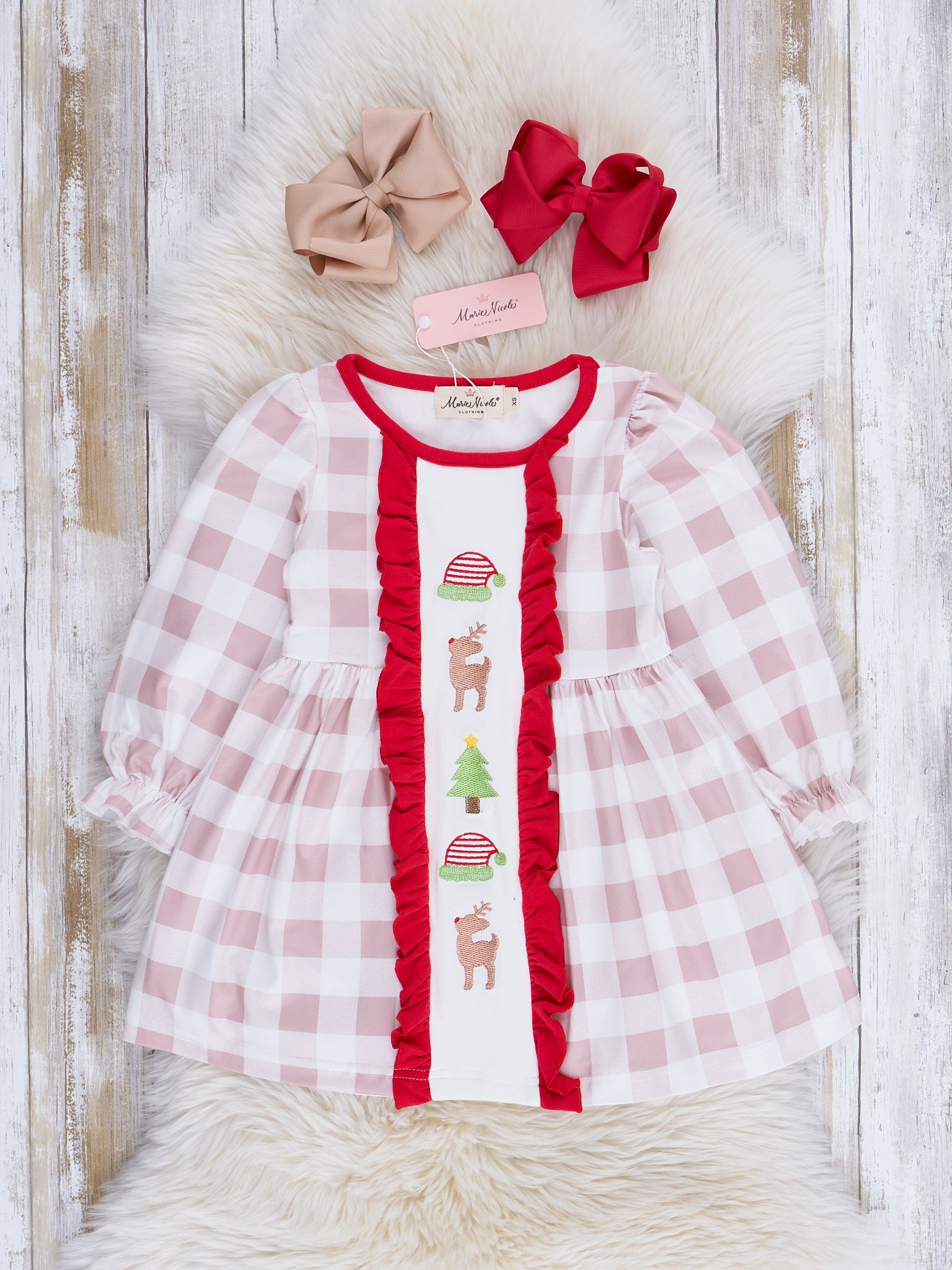 Embroidered Holiday Gingham Dress - Marie Nicole Clothing