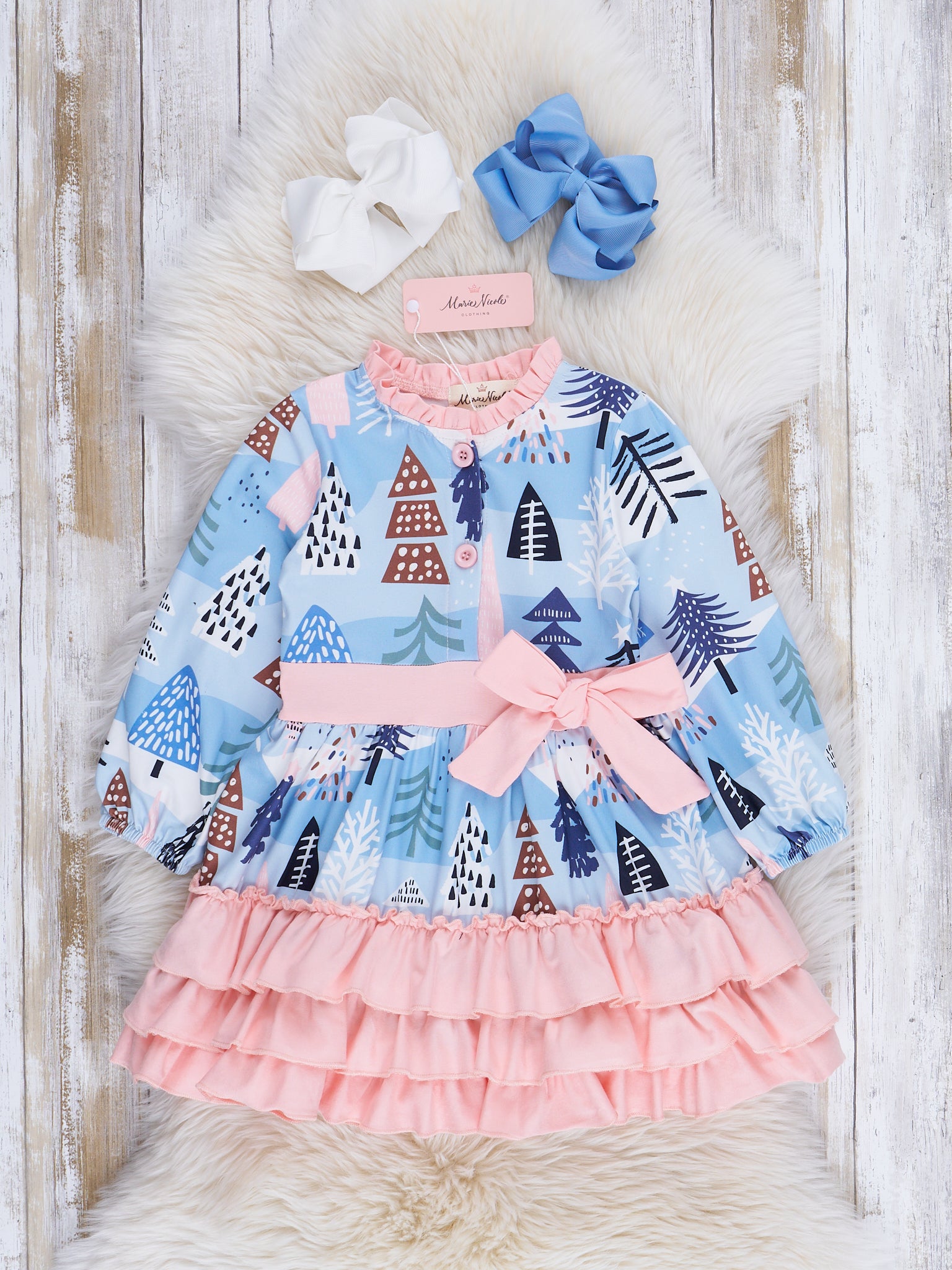 Peach & Blue Ski Village Ruflle Dress - Marie Nicole Clothing