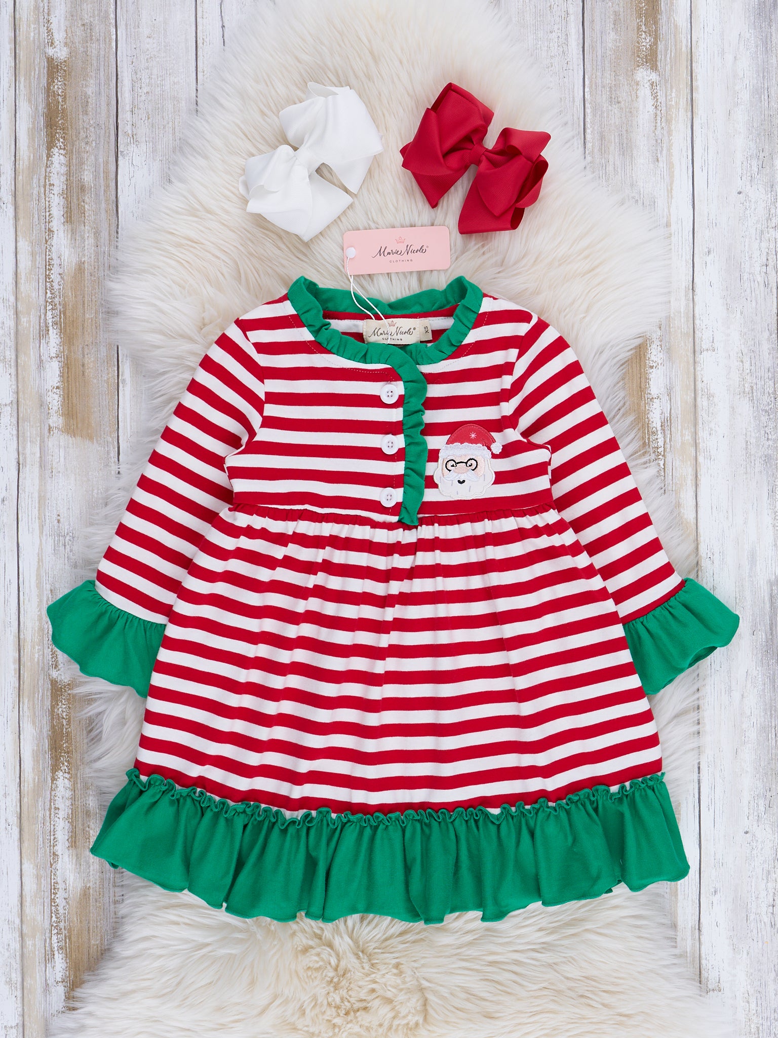 Red Stripes & Green Ruffles Embroidered Holiday Night Gown - Marie Nicole Clothing