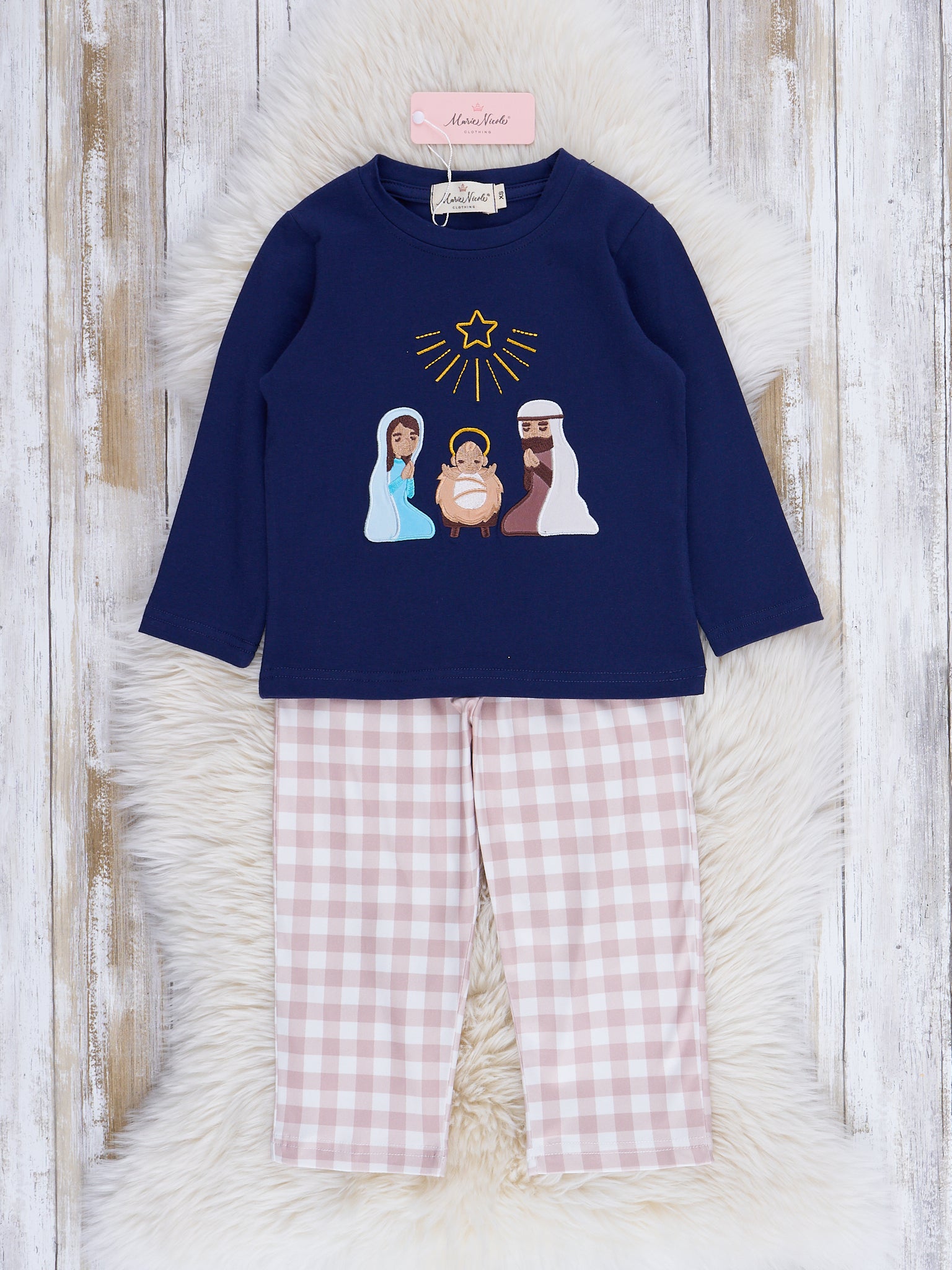Midnight Blue & Tan Gingham Embroidered Nativity Outfit - Marie Nicole Clothing