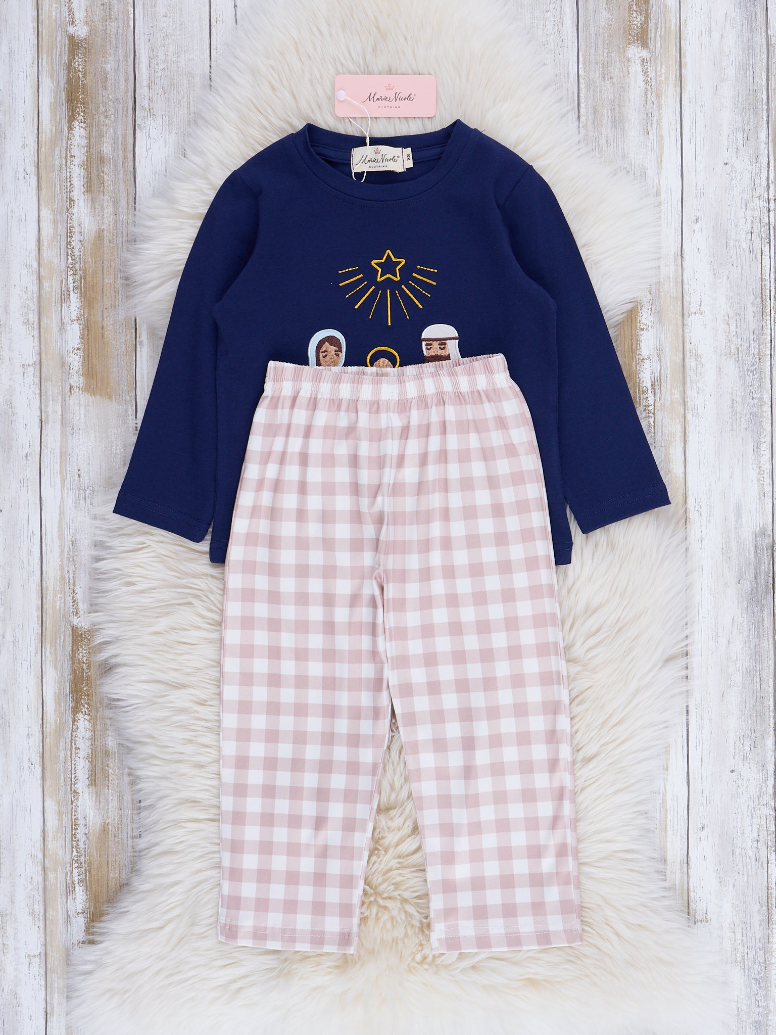 Midnight Blue & Tan Gingham Embroidered Nativity Outfit - Marie Nicole Clothing