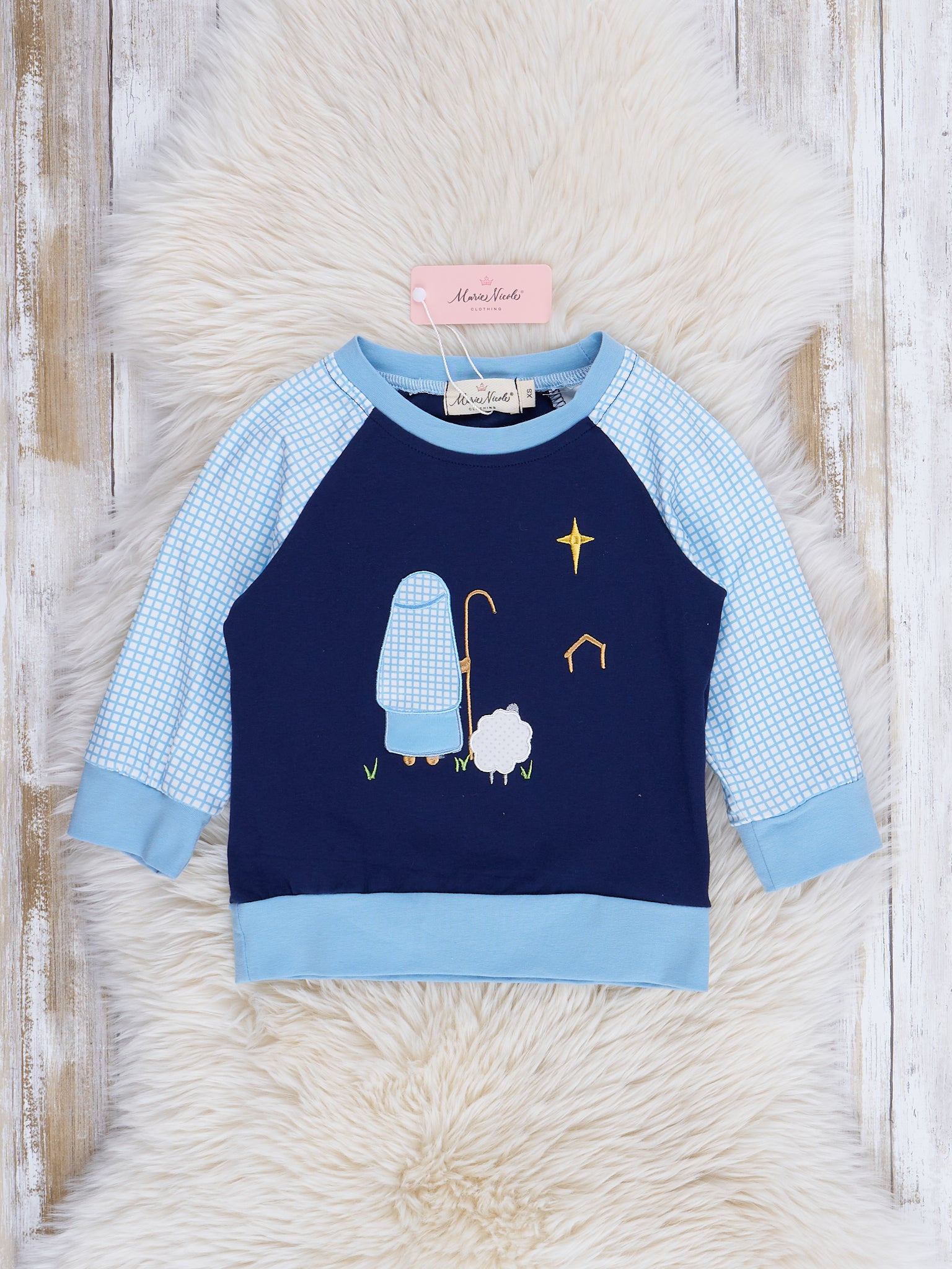 Blue Gingham Embroidered Nativity Raglan Shirt - Marie Nicole Clothing