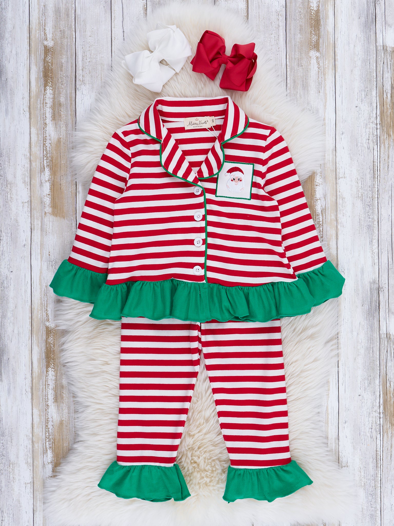 Red Stripes & Green Ruffles Embroidered Holiday Pajamas - Marie Nicole Clothing