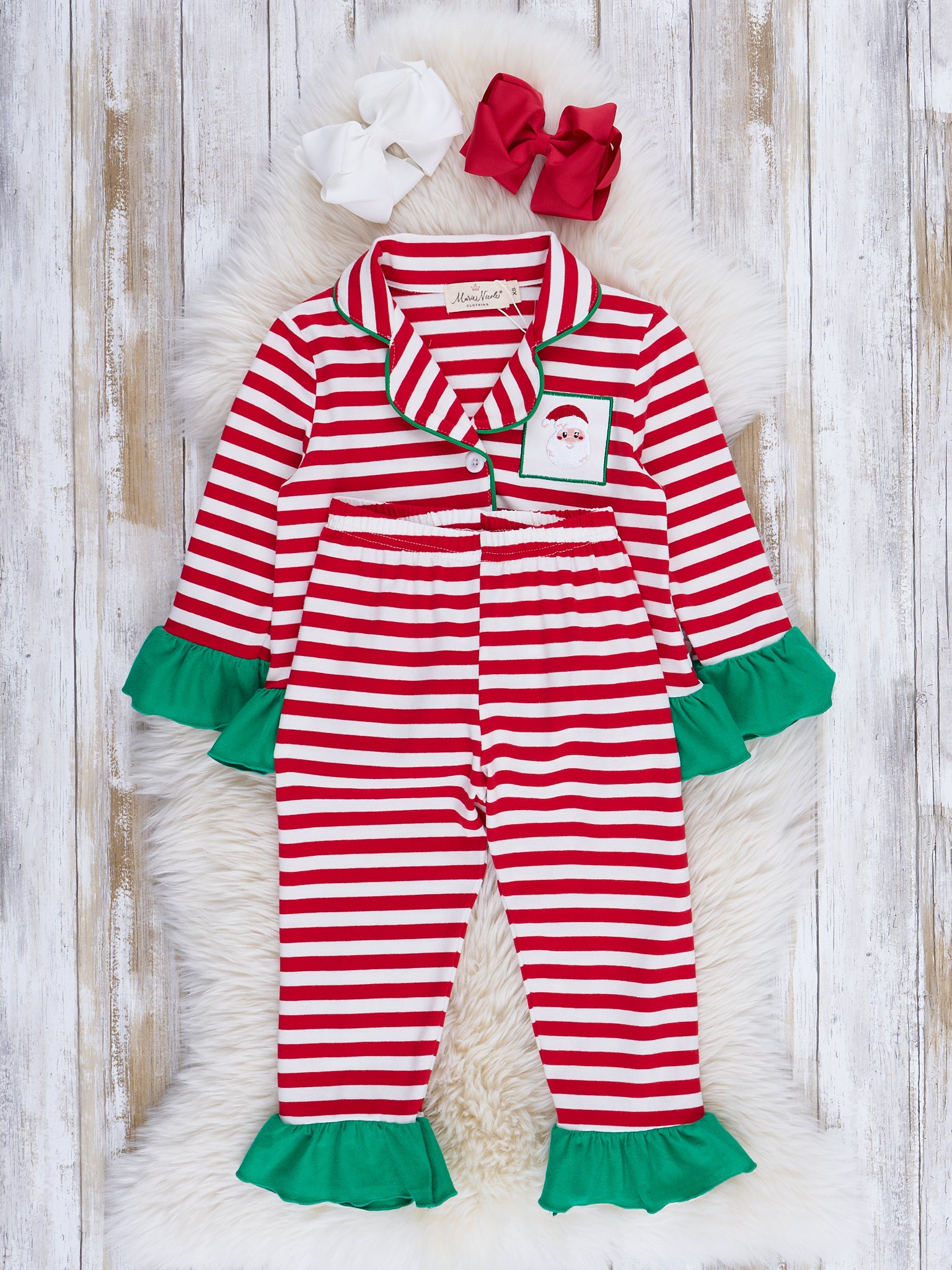 Red Stripes & Green Ruffles Embroidered Holiday Pajamas - Marie Nicole Clothing