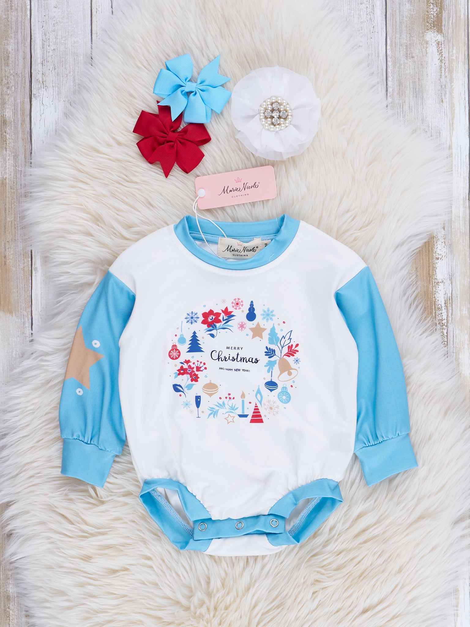 Baby Blue Christmas Wishes Bubble Romper - Marie Nicole Clothing