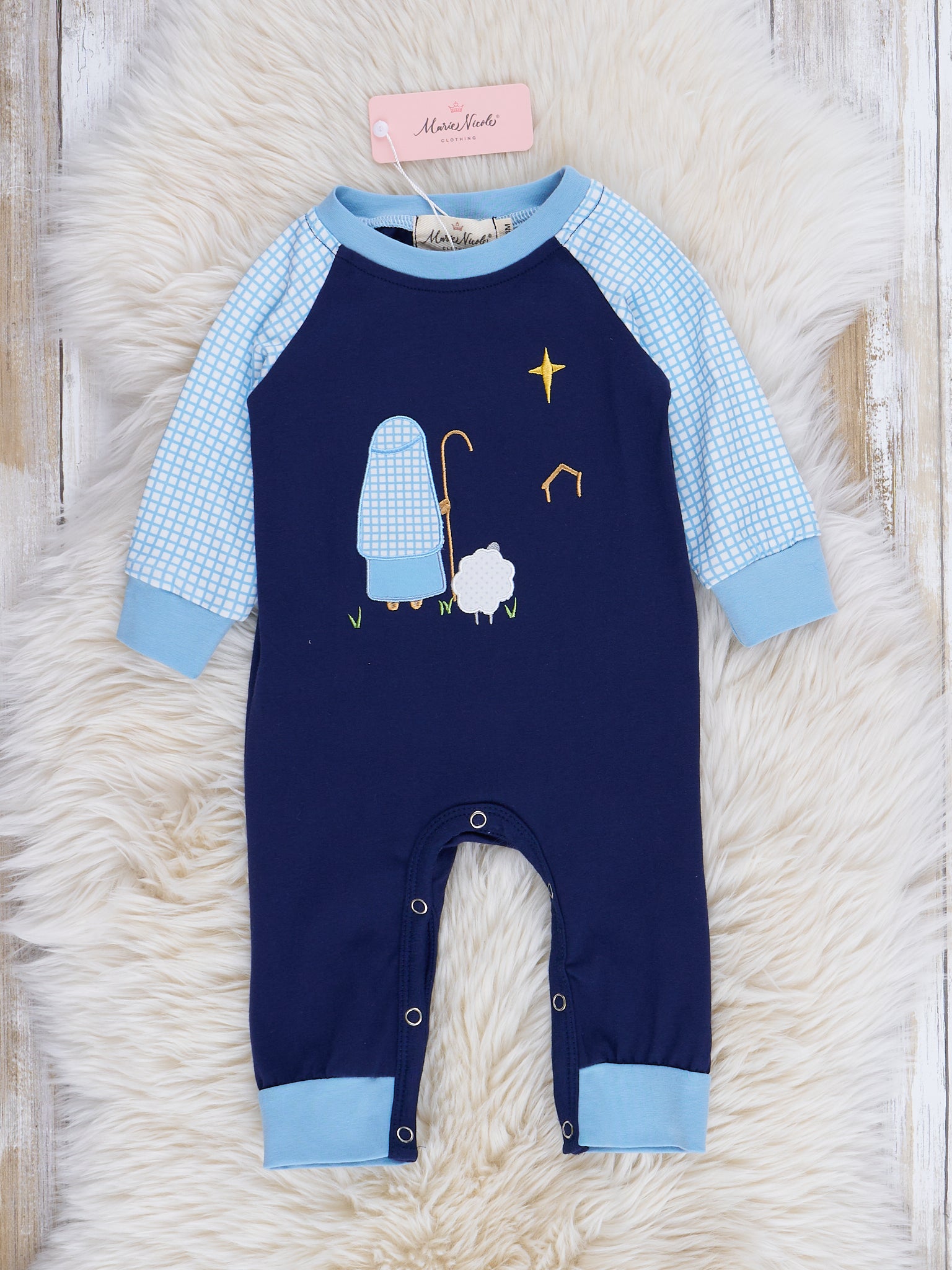 Blue Gingham Embroidered Nativity Raglan Romper - Marie Nicole Clothing