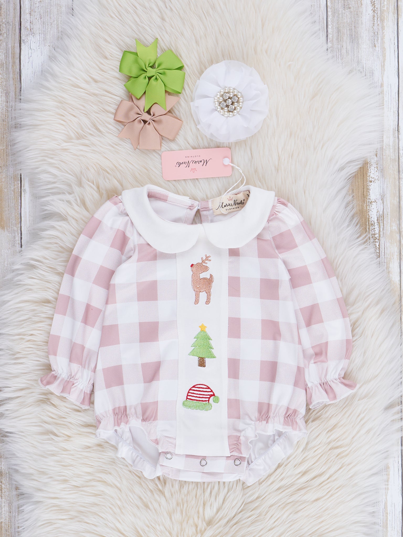 Embroidered Holiday Gingham Ruffle Bubble Romper - Marie Nicole Clothing