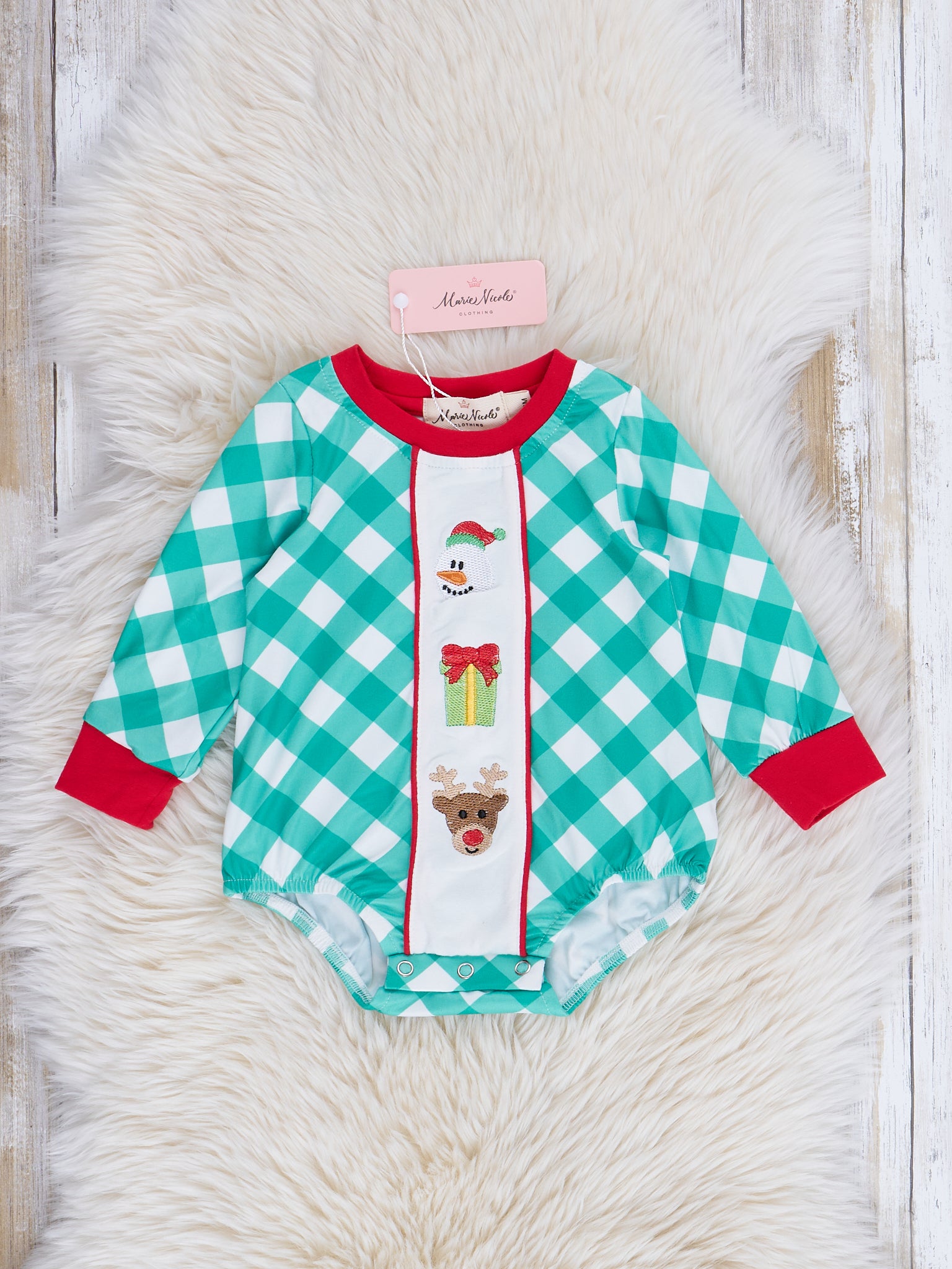 Embroidered Holiday Gingham Romper - Marie Nicole Clothing