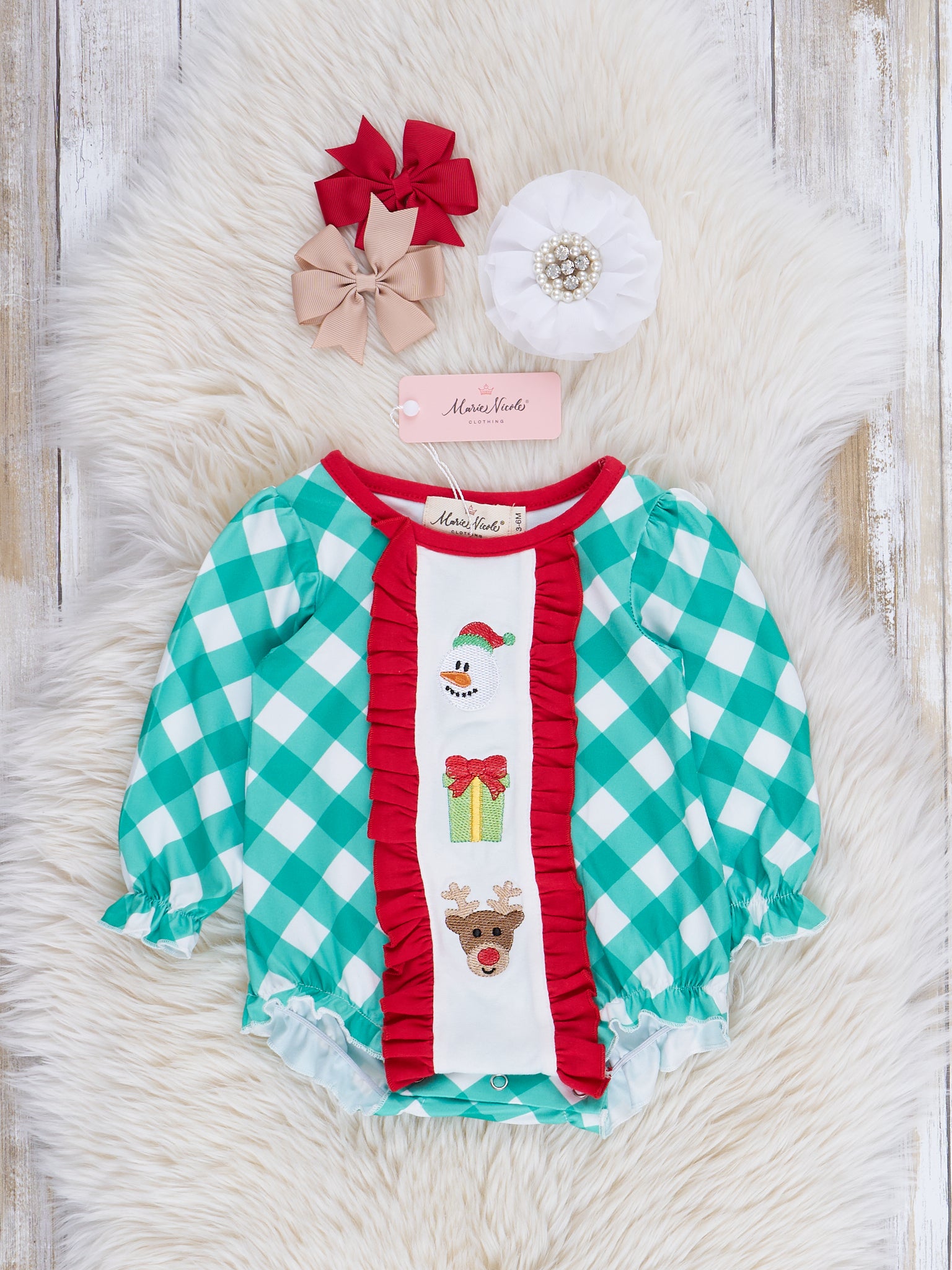 Embroidered Holiday Gingham Ruffle Bubble Romper - Marie Nicole Clothing