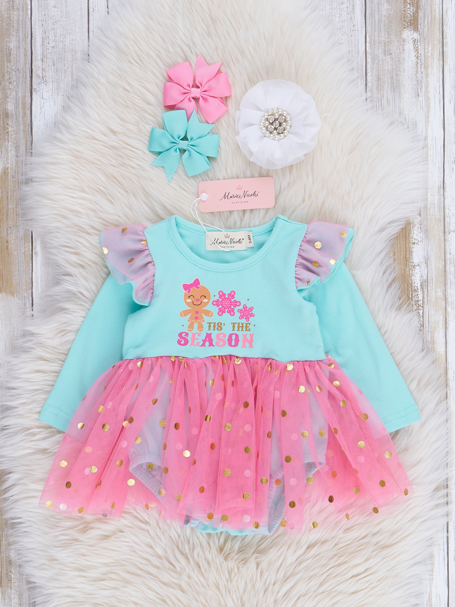 Teal & Pink 'Tis the Season Tulle Bubble Romper - Marie Nicole Clothing