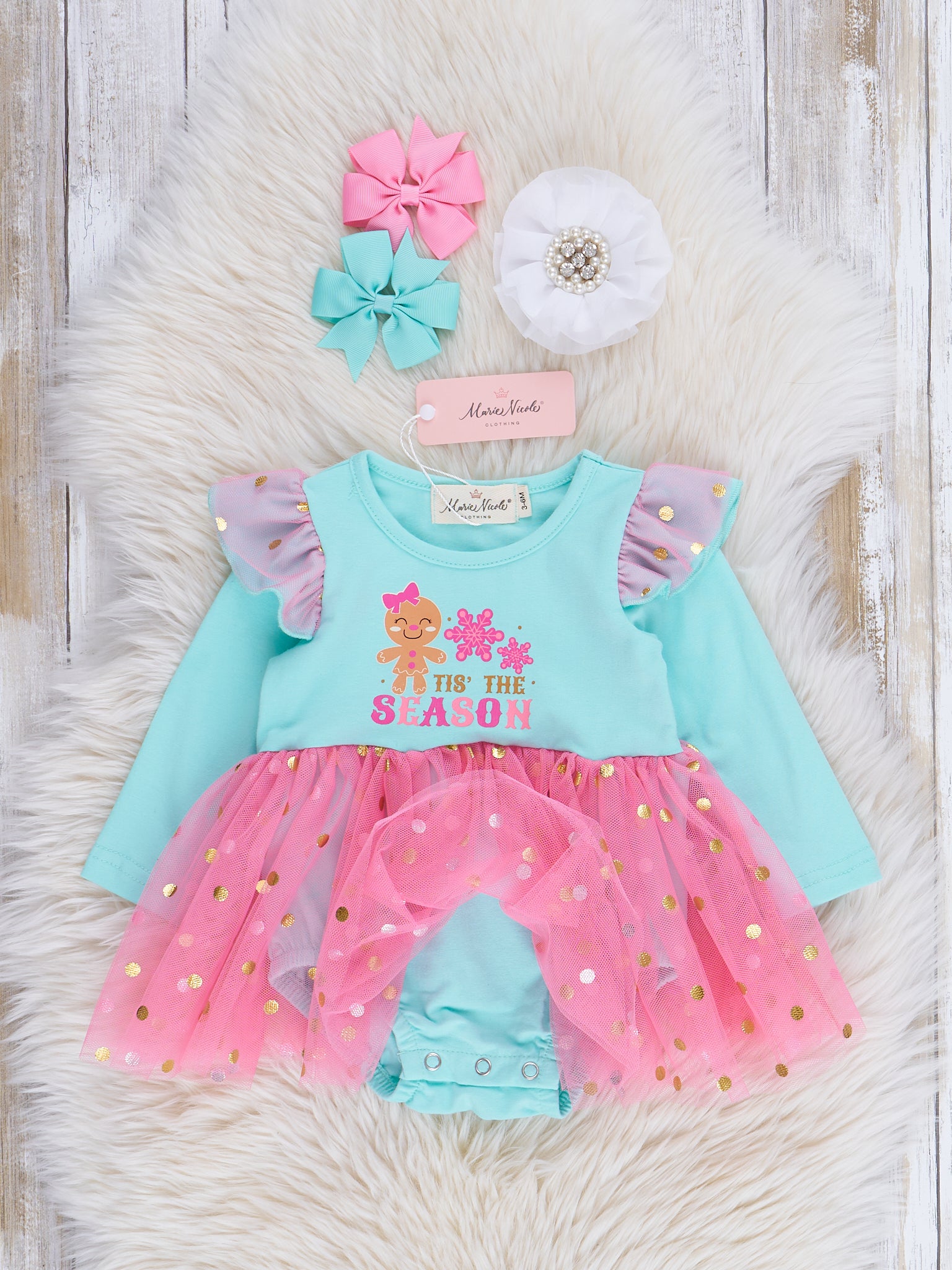 Teal & Pink 'Tis the Season Tulle Bubble Romper - Marie Nicole Clothing
