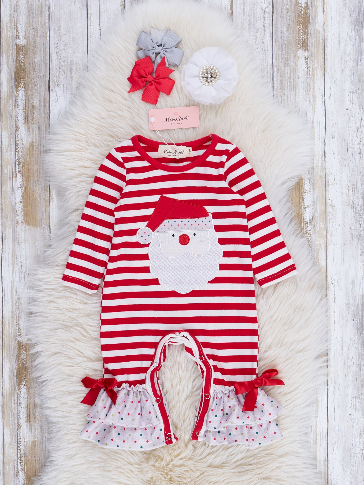 Striped Christmas Spirit Ruffle Romper - Marie Nicole Clothing
