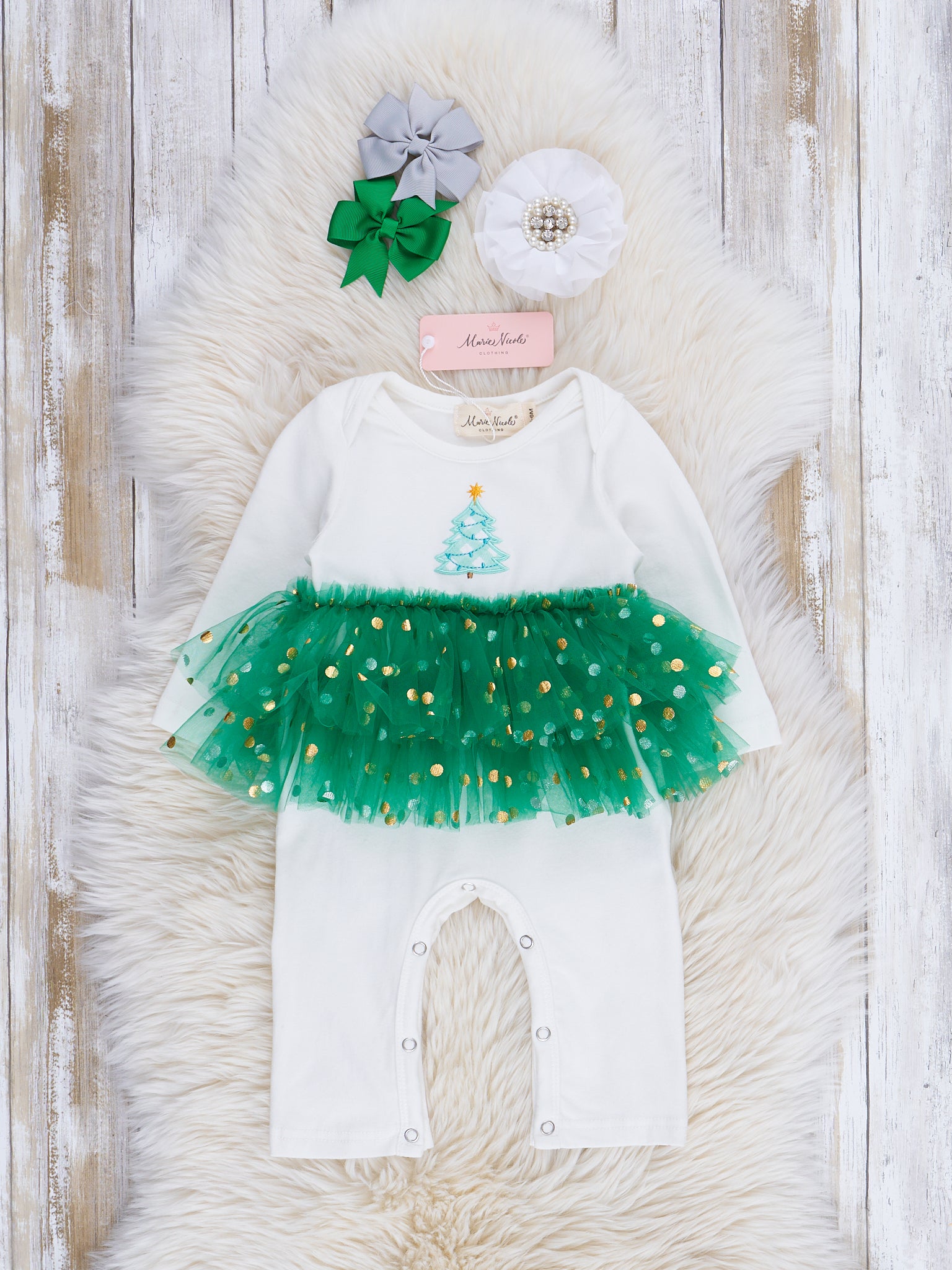 Green Sparkle Christmas Tree Tulle Romper - Marie Nicole Clothing