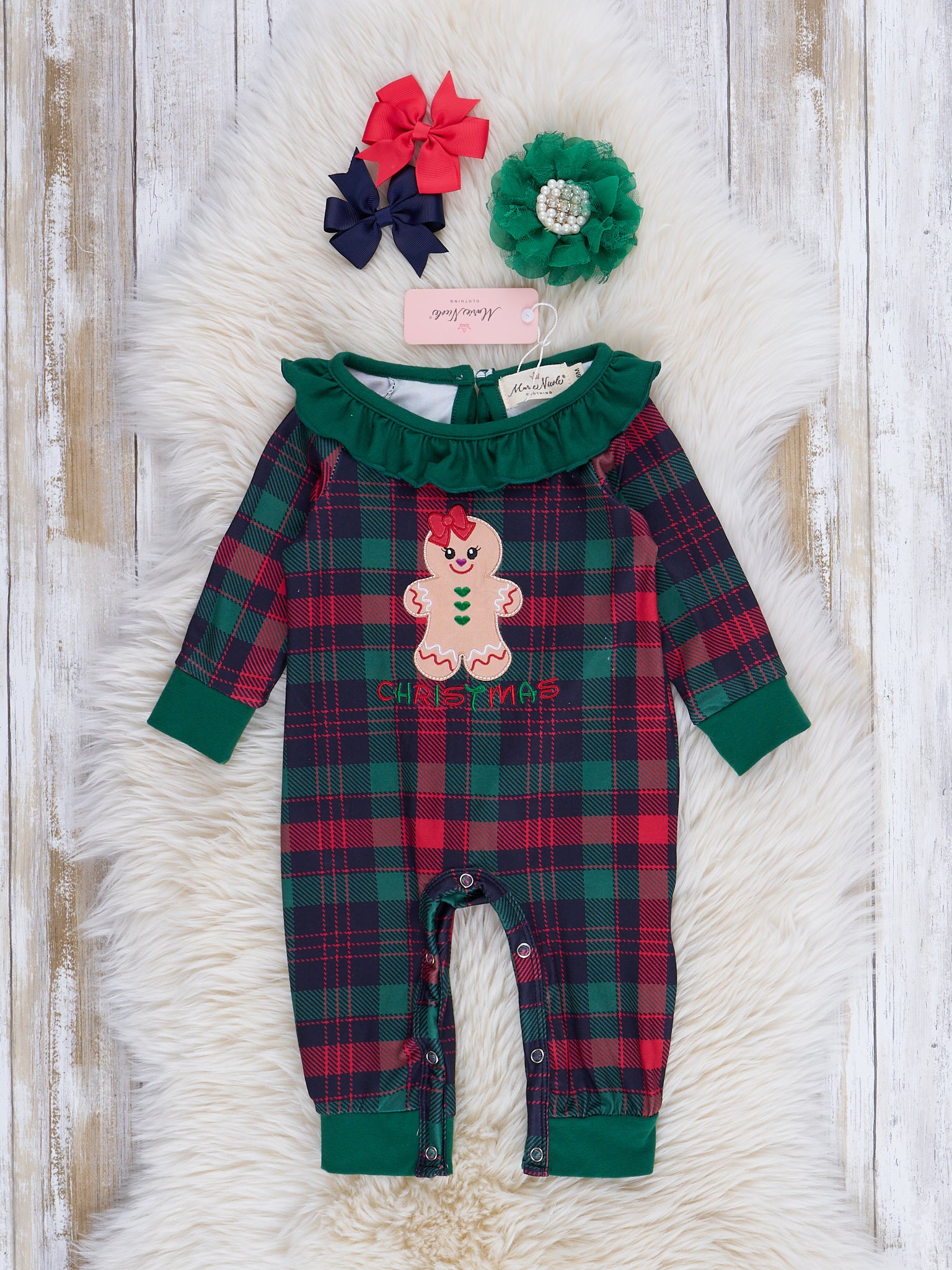 Plaid Embroidered Gingerbread Ruffle Romper - Marie Nicole Clothing